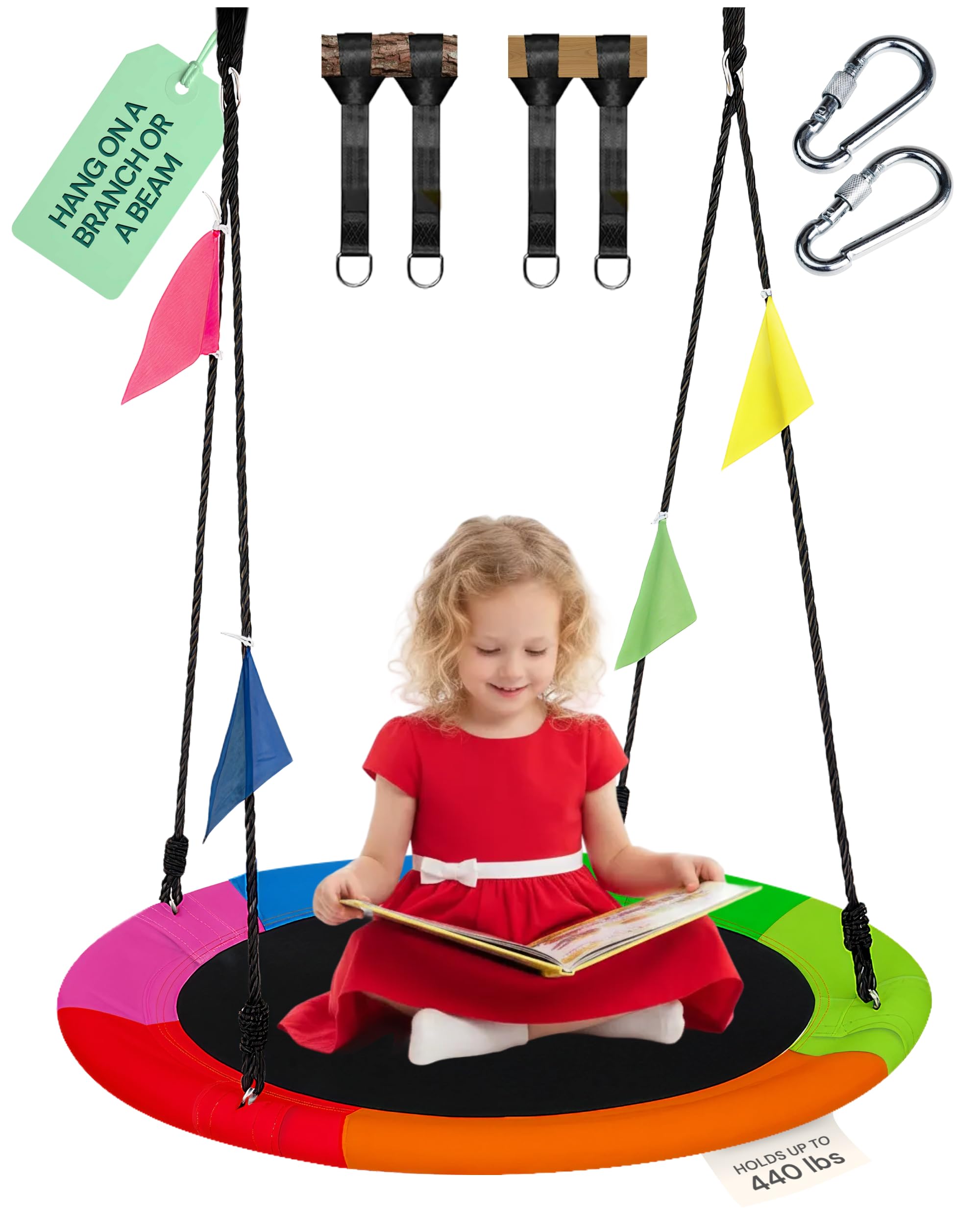 PLAYVIBE 40" Saucer Swing for Kids for Playroom - Indoor or Outdoor Round Tree Swing with 440 lb Capacity - Multicolor 600D Oxford Fabric Seat Adjustable Ropes, Straps & Carabiners