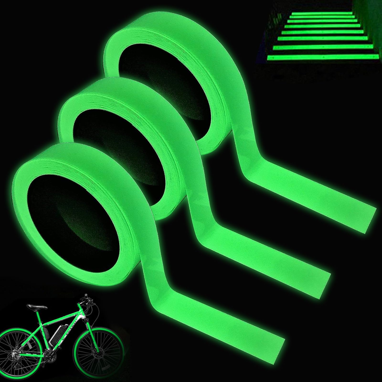 3 rolki fluorescencyjnej taśmy klejącej, świecąca w ciemności, świecący efekt świetlny, samoprzylepna, bez pozostawiania kleju, na schody, ściany, akcesoria sceniczne (10 mm x 5 m, zielona)