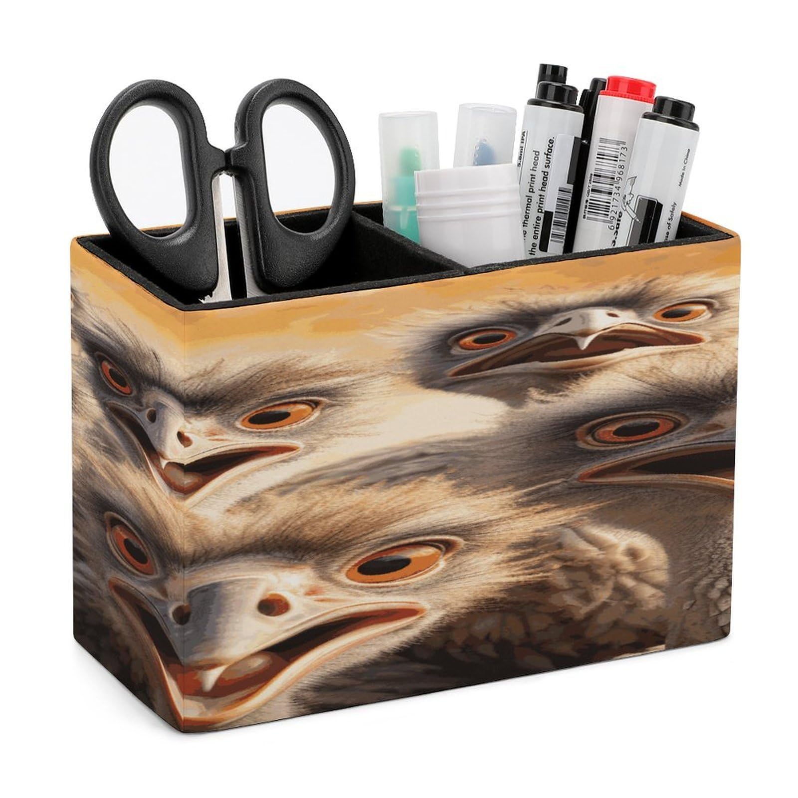 VstaDank A Flock of Ostriches Pencil Holder for Desk(Double Slots) Fashion Leather Pencil Cup Simple Rectangular Shape Pen Holder Multi-Functional Pen Cup for Home Office Supplies Storage