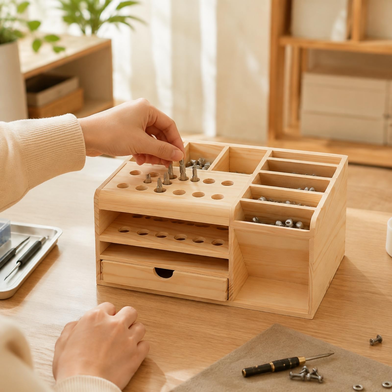 predolo Organizador Escritorio Pino con Cajón Extraíble Ahorra Espacio Caja Organizadora Rectangular Maciza