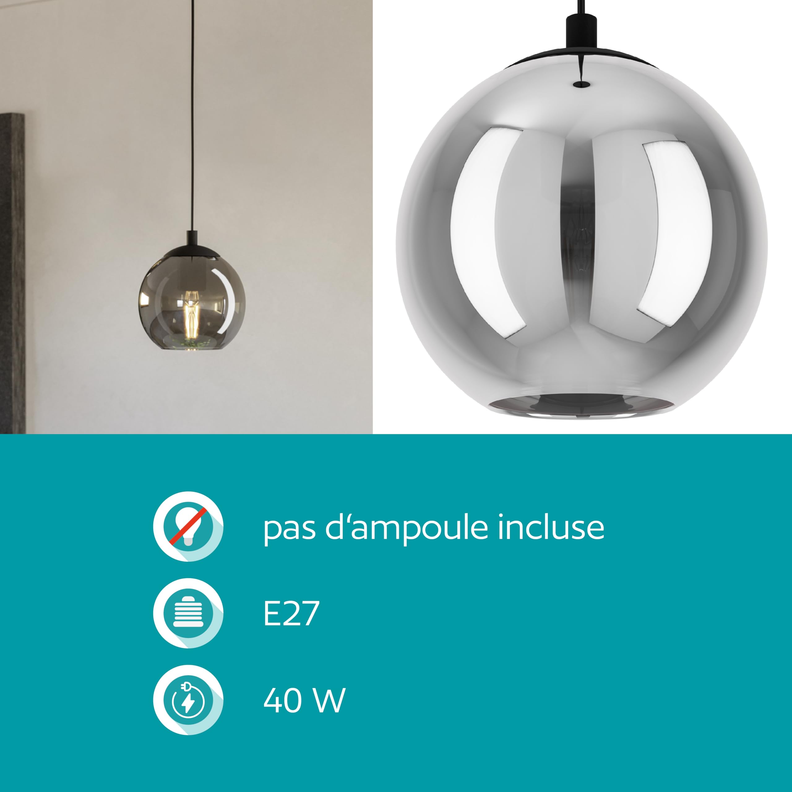 Eglo Suspension luminaire Ariscani, lampe de plafond suspendue, lustre | salon ou salle à manger en métal noir et verre fumé noir transparent, douille E27, Ø 20 cm