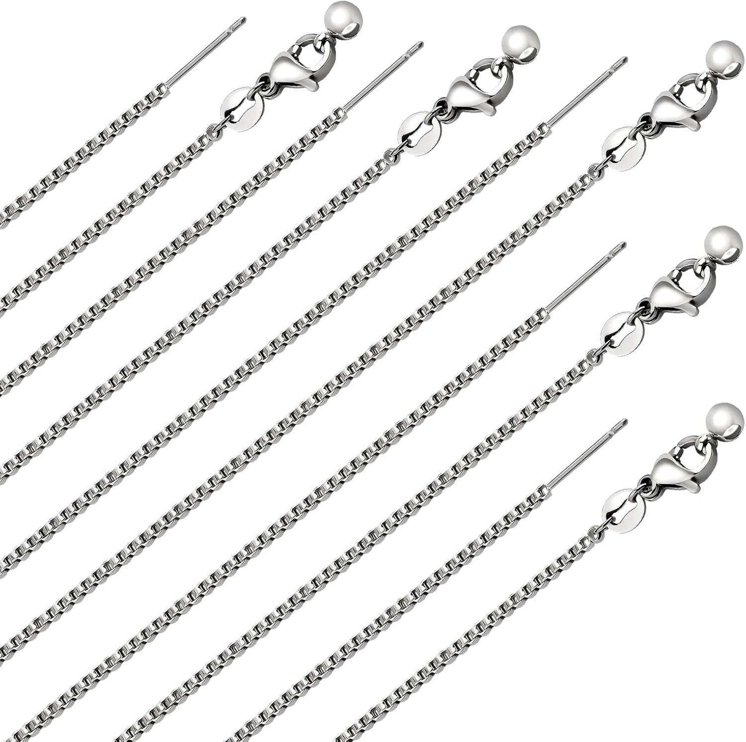 10 Pack Stainless Steel Dainty Box Chain Bulk 20Inch 1.1mm Adjustable Charm Necklace Chains With Rubber Stopper for Jewelry Making