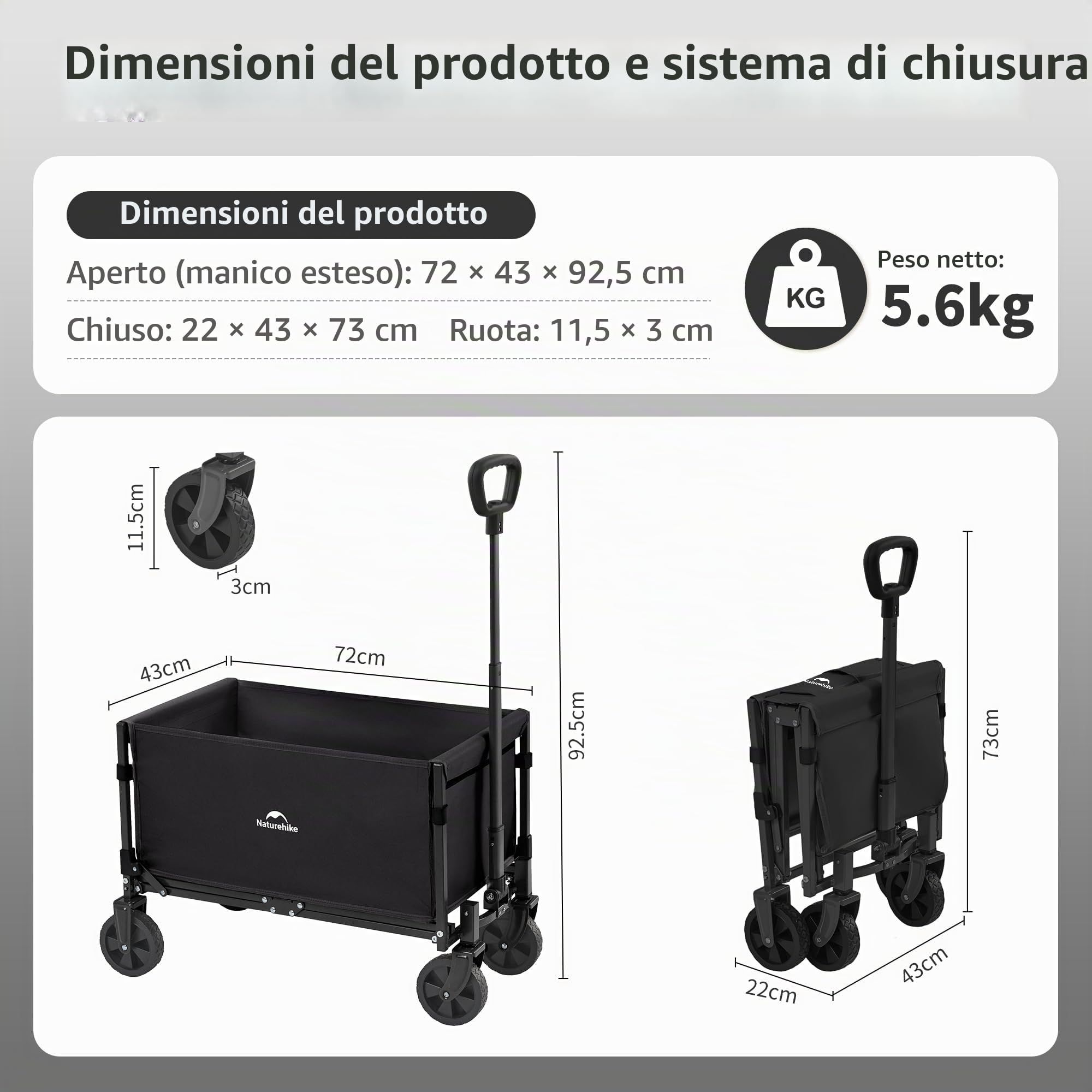 Naturehike Carrello da giardino pieghevole, carrello porta attrezzi da spiaggia adatto a tutti i terreni, con pneumatici larghi girevoli a 360 gradi, portata 120 kg, adatto per campeggio(Nero 50L)