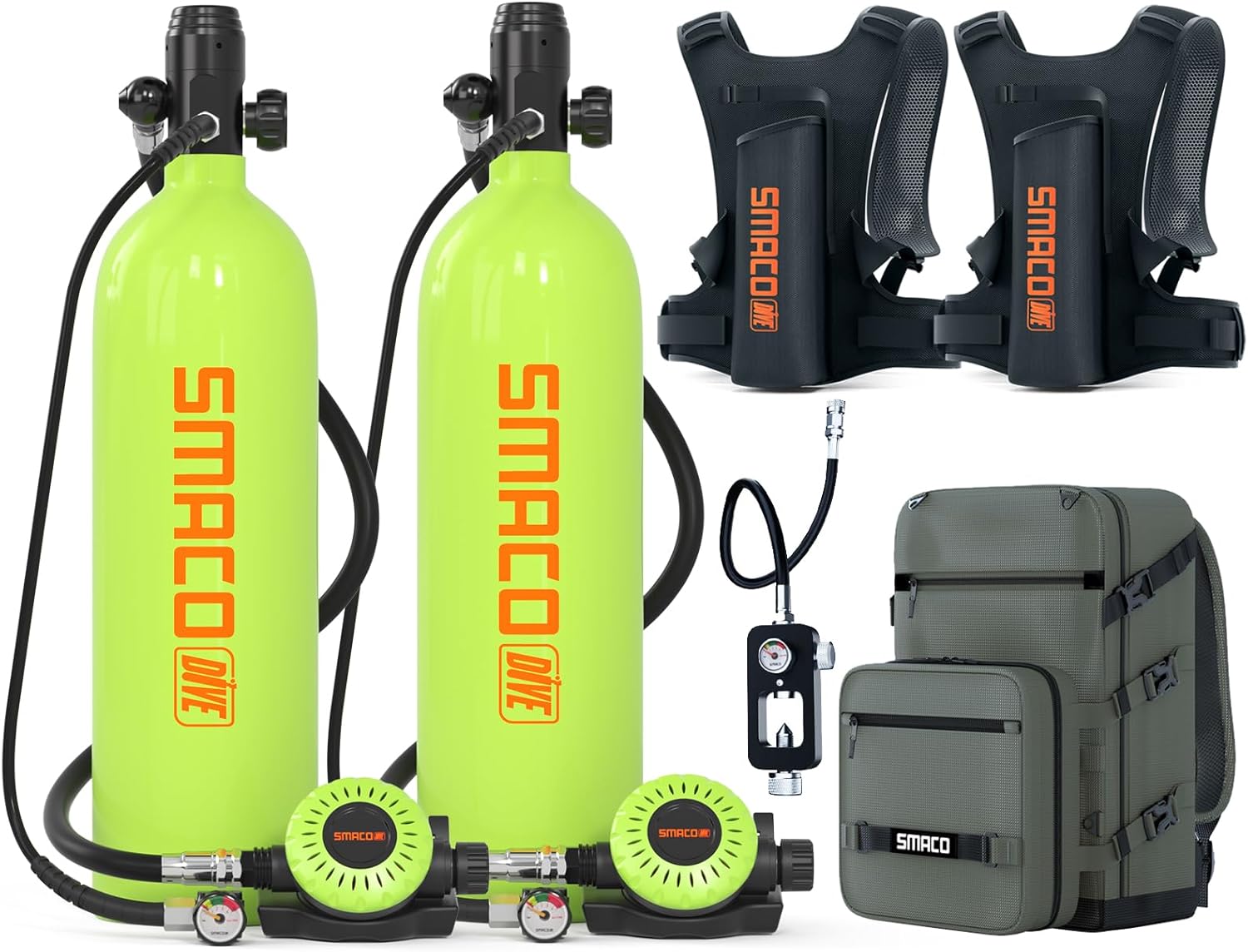 SMACO Mini Scuba Tank 1.9L for Shallow Water Diving Double Diving Kit Small Scuba Diving Tank Kit with Sub-Backpack Support Underwater Breath for Underwater Entertainment/Diving Work