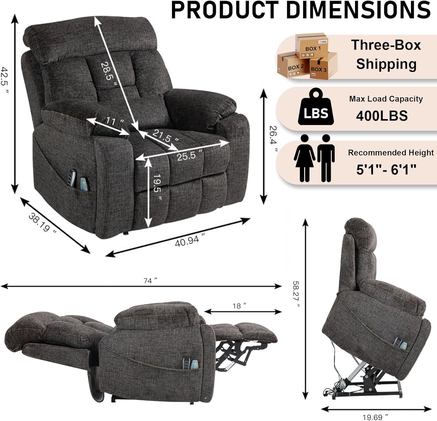 4 OKIN Motors Electric Lift Chair for Elderly, 25.5" Oversized Power Recliner Chair, Zero Gravity Lay Flat Recliner Chairs with Infinite Position Adjustable Headrest, Chenille Dark Grey