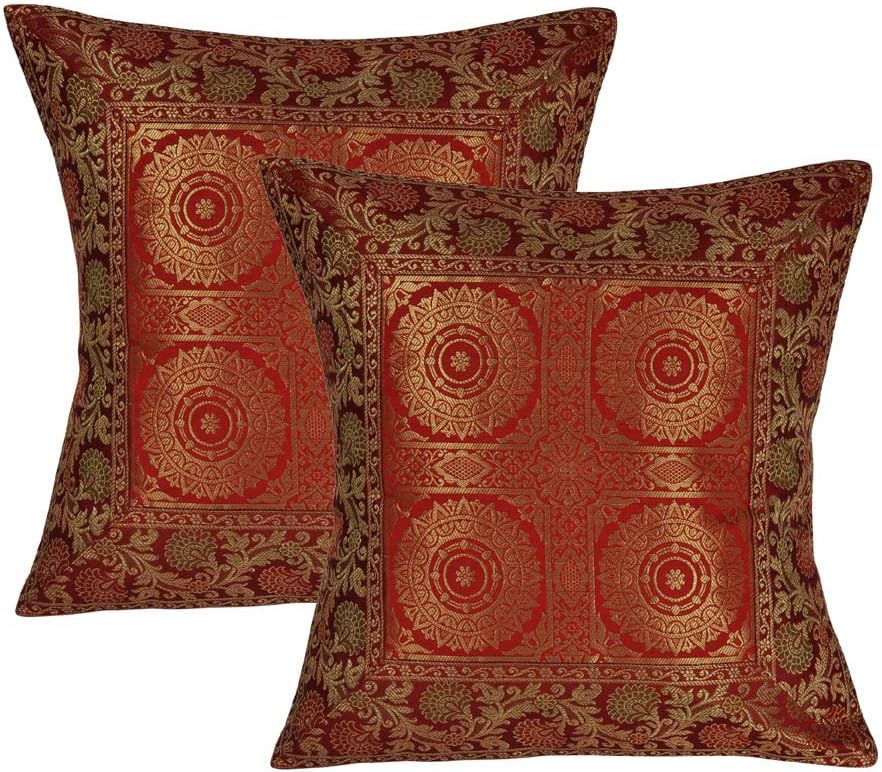Lalhaveli Decorative Mandala Design Indian Banarasi Silk Square Cushion Covers 16x16 inch (40x40 cm) (2 Pc)