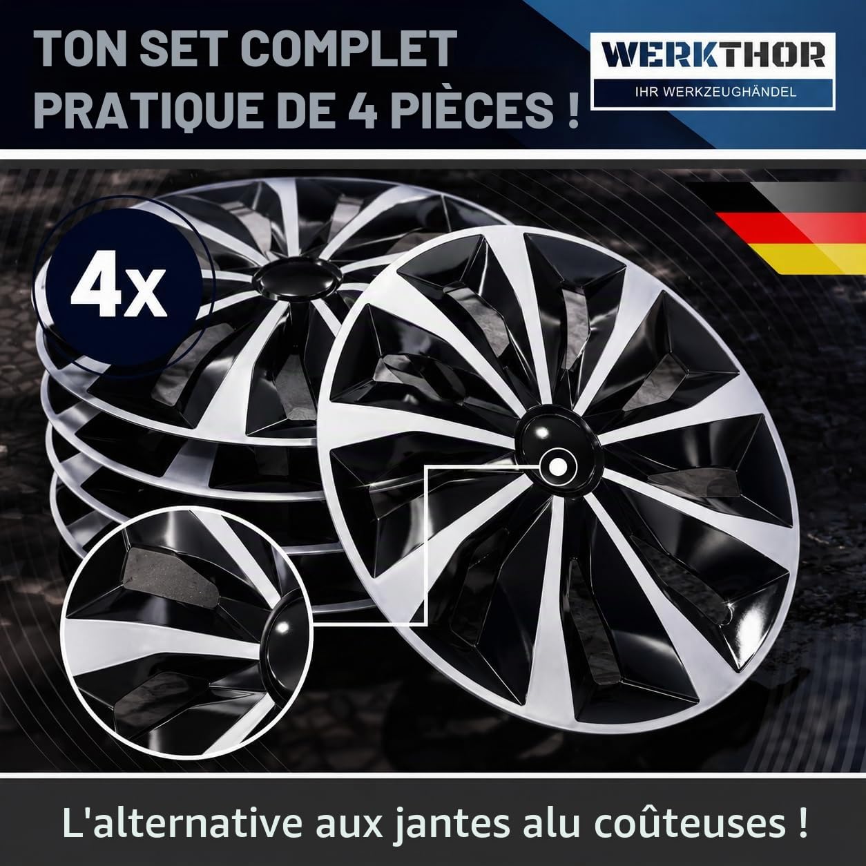 WERKTHOR Lot de 4 enjoliveurs de qualité supérieure - 17" - Noir/argenté