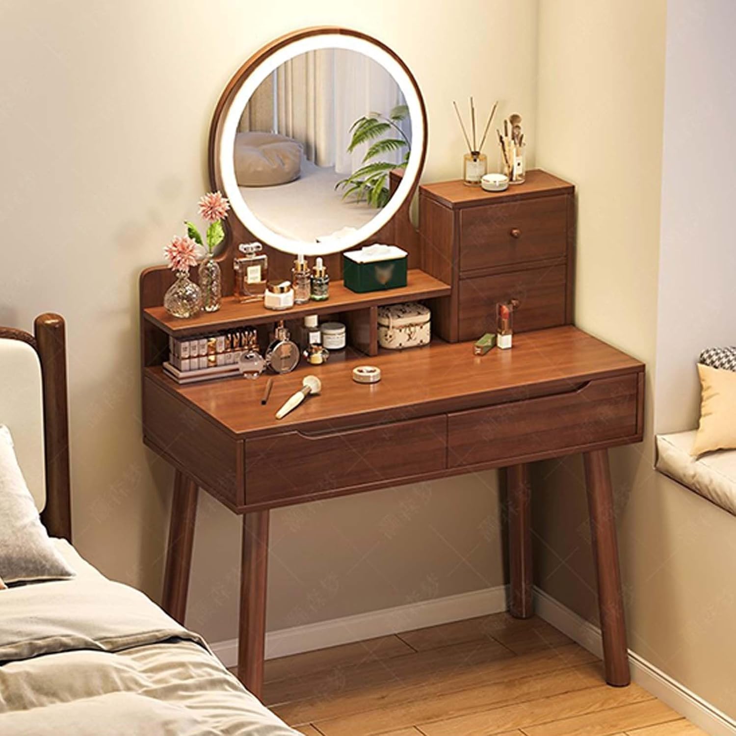 ダークブラウン 3引き出しドレッサー ドレッサーセット（スツール付