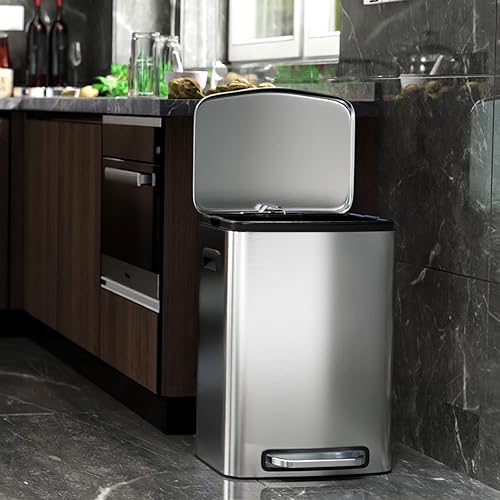 Miniatura 8 de Cubo de basura grande con pedal de 13 galones con tapa silenciosa de cierre suave, cuerpo grueso de acero inoxidable con 30 bolsas de basura para