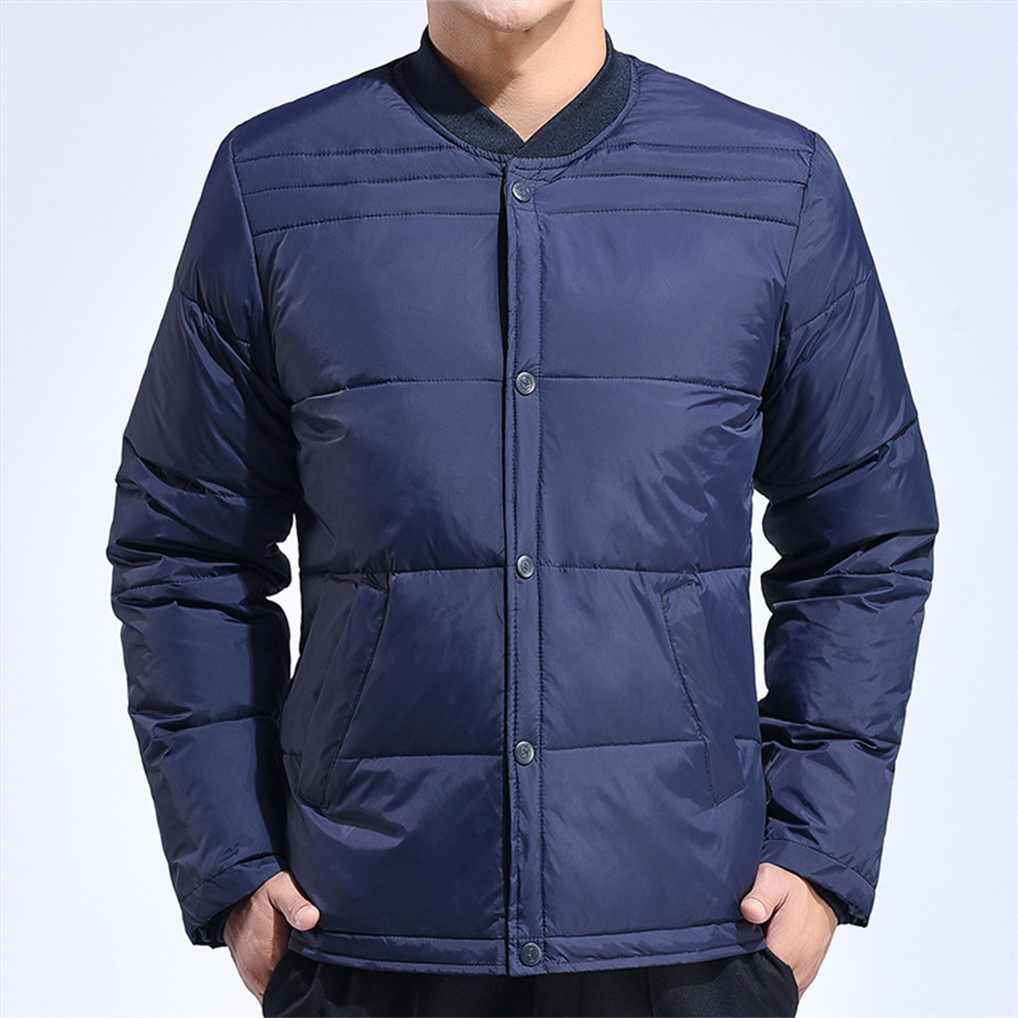 Men's Stand Collar Puffer Jackets Casual Snap Button Down Quilted Coat Button Front Bomber Down Jacket (Blue,Large)