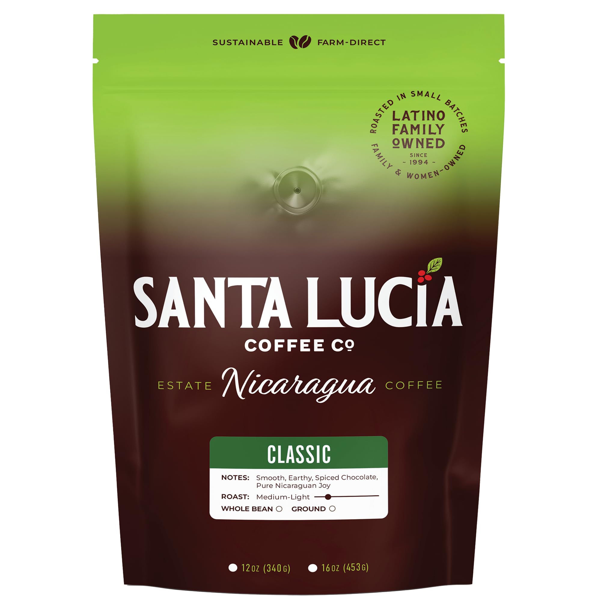 Santa Lucia Coffee - Grand Reserve Classic Medium Roast Nicaraguan Coffee - Medium Roast - 91 Point Specialty Grade - Low Acididity - Bright & Smooth - Strong & Bold Flavor - Whole Bean - 16oz. (Pack of 1)