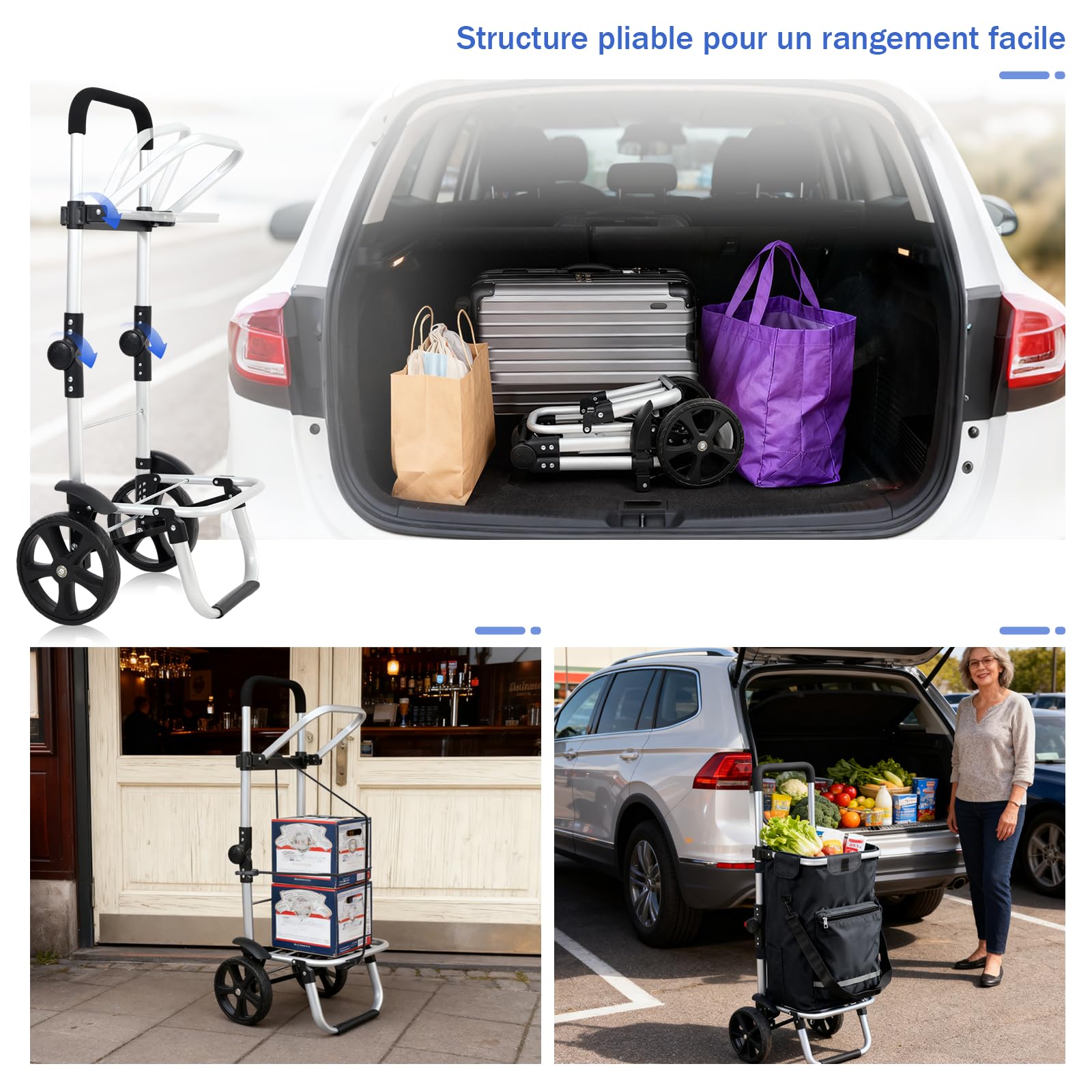 Sekey Chariot de Courses Pliable 3 en 1, Caddie Isotherme avec Sangle de Fixation, Sac Bandoulière et Porte-Bouteille, Trolley/Diable Pliable pour Courses, Camping – Noir