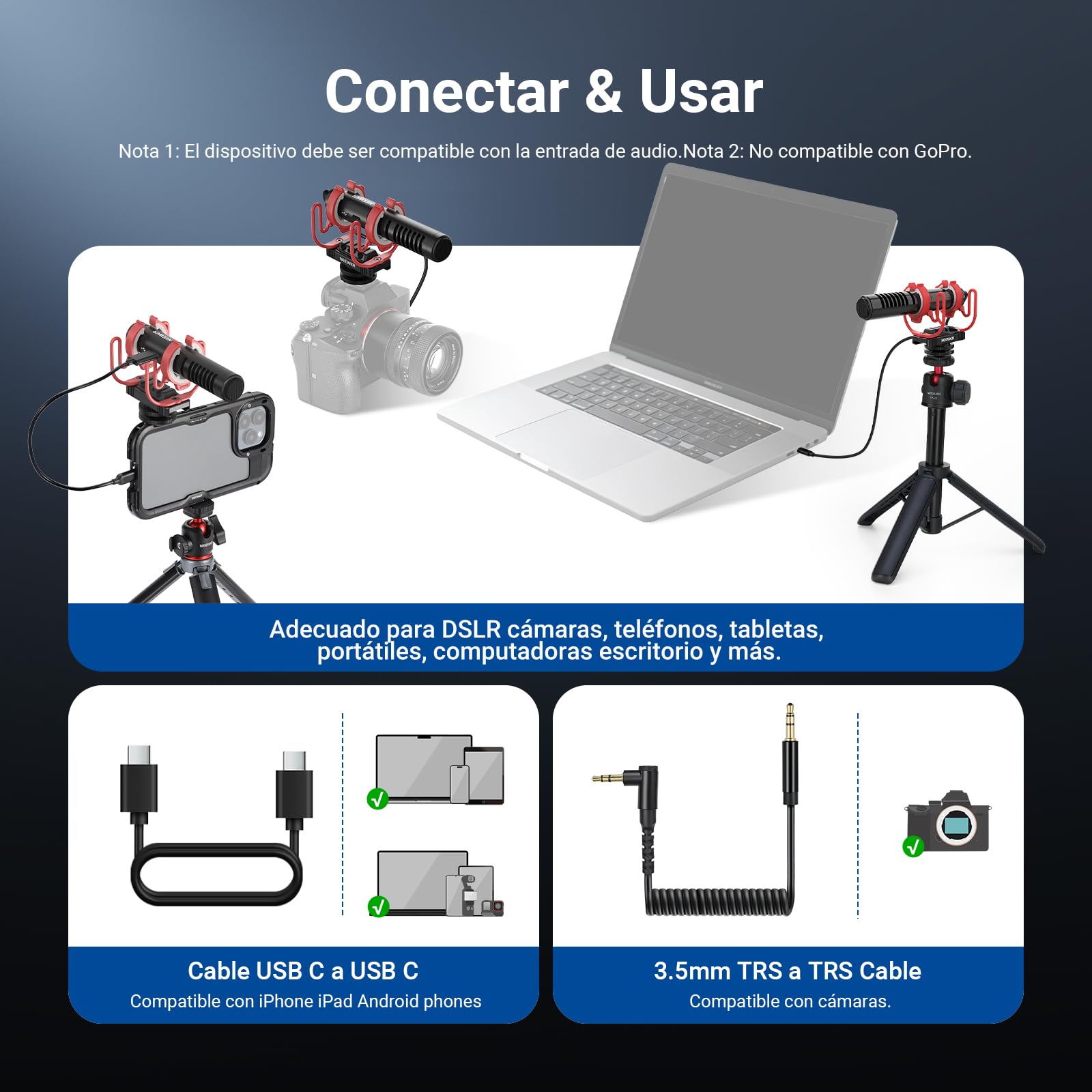 NEEWER VM15 AI Cancelación Ruido Mini Micrófono Supercardioide con App Ajustes Audio EQ,48kHz/24bits 3.5mm Analog Digital USB-C,Compatible con iPhone Android Ordenadores Cámaras,EQ Solo para Android