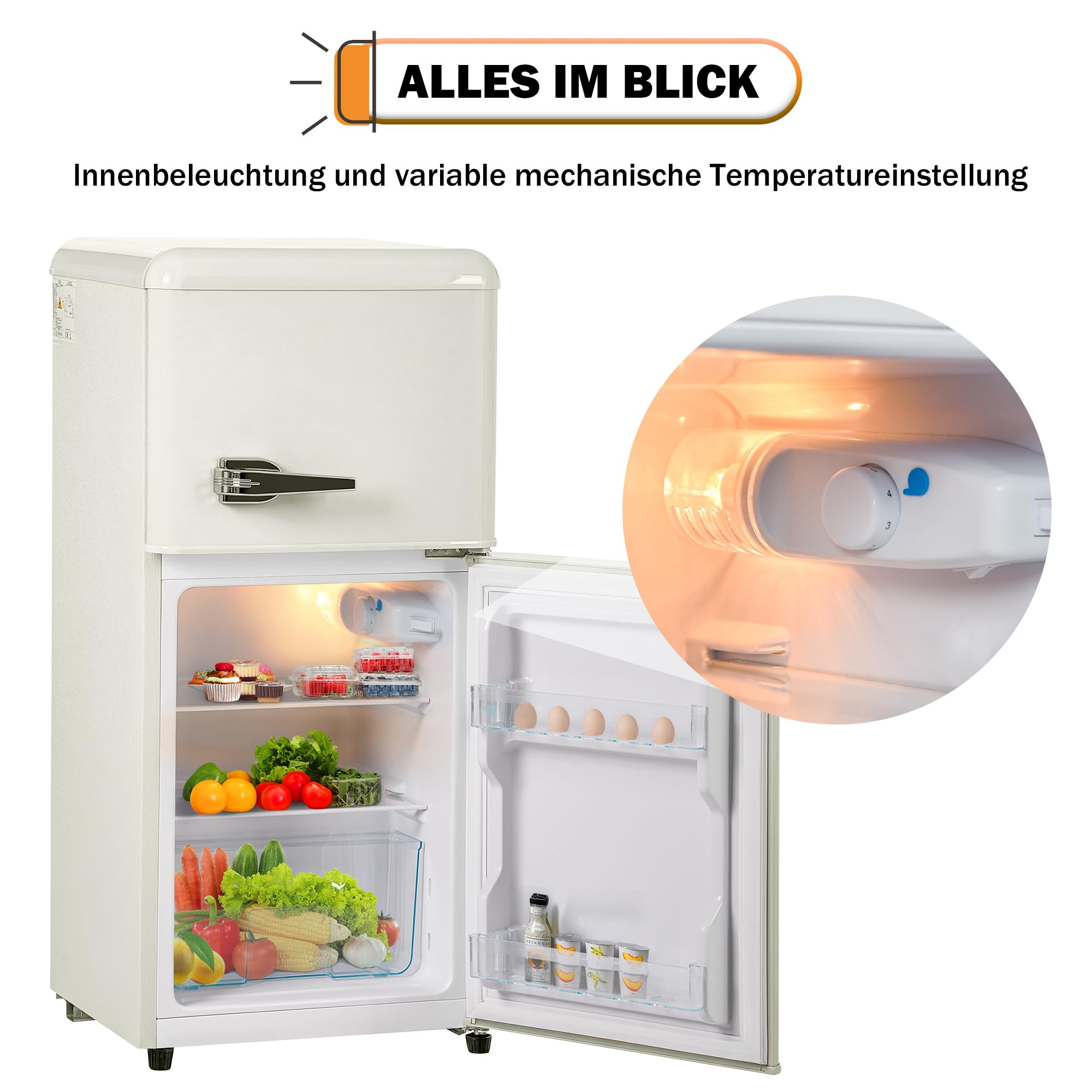 Merax Kühlschrank mit Gefrierfach, Kühl-Gefrierkombination, 60 Liter Doppeltür Kühlschrank, 22L Gefrierschrank, 45dB, LED, Gemüsefach, Türablagen, Retro-Griff, für Familie, Büro, Restaurant, Cremeweiß