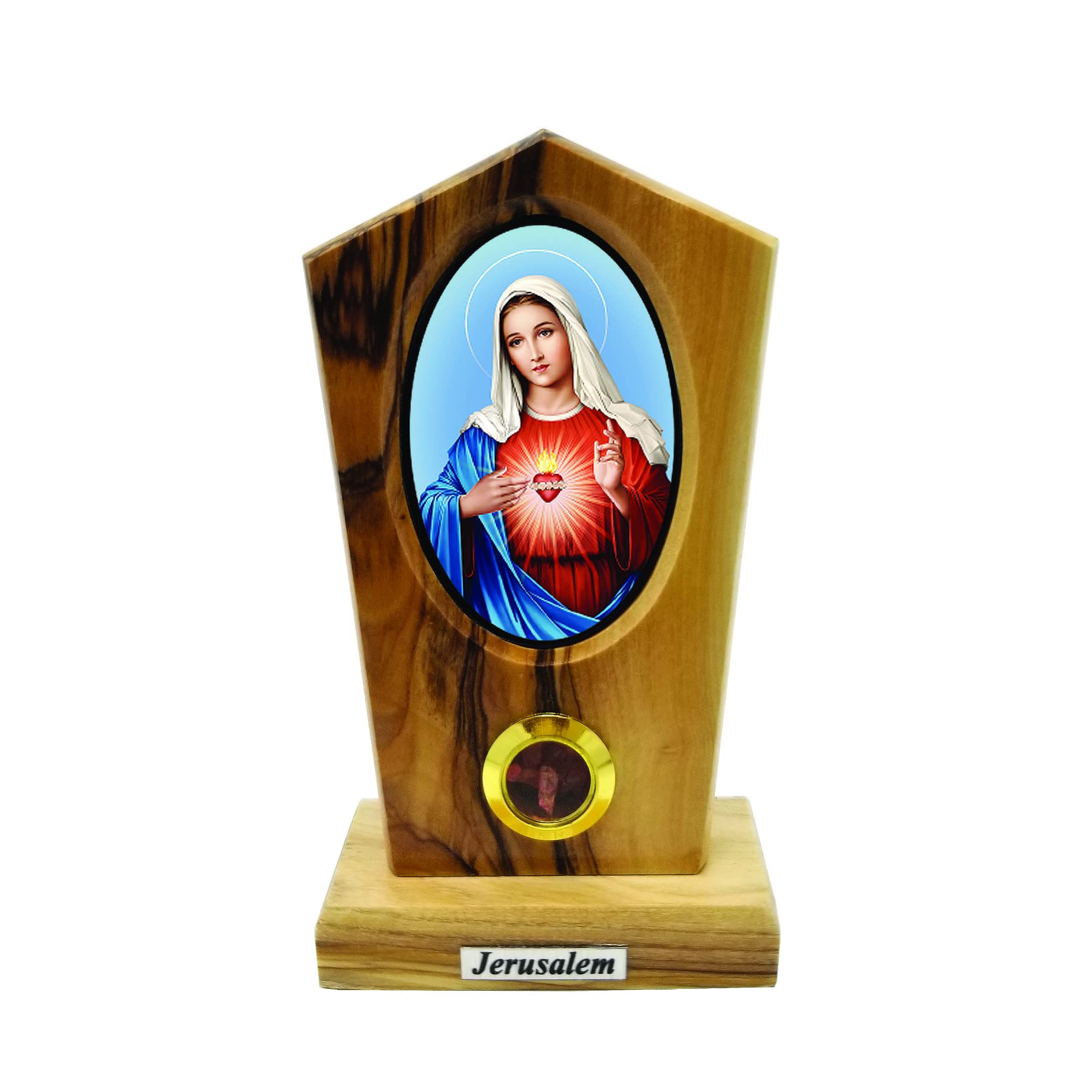 Logos Trading Post Virgin Mary Immaculate Heart, Standing Catholic Icon with Full Color Picture, Holy Land Olive Wood from Israel, Religious Wooden Home & Church Décor Art