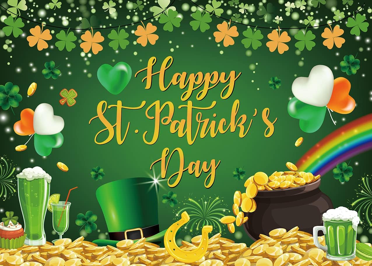 Happy St.Patrick's Day Backdrop 10x8FT Green Lucky Irish Shamrock Pot of Gold Coins Photography Background Holiday Party Supplies Newborn Kids Adults Portraits Photo Booth Props (120x96 inch)