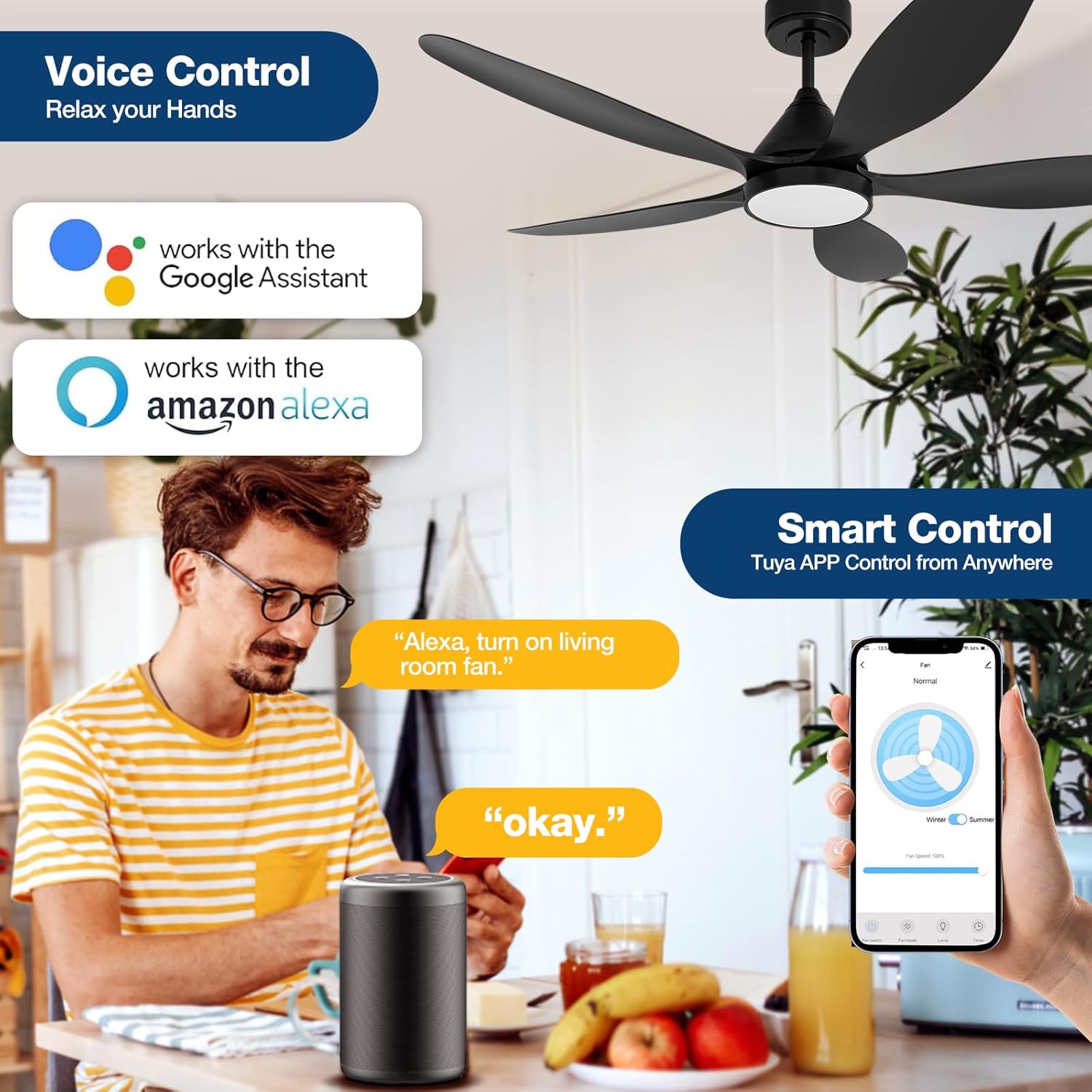 52 Inch Smart Ceiling Fans with Light, Reversible 5-Blade Ceiling Fan with Alexa,App Controls and Remote, High CFM 8811, Quiet DC Motor 6 Speed, Timing, Dimmable LED Light, Black