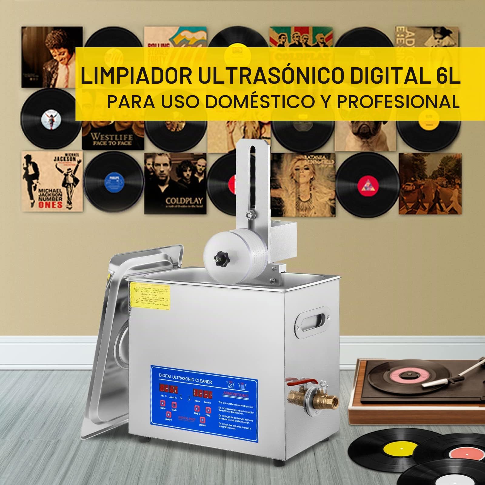 VEVOR Limpiador Ultrasónico 395 x 25 x 325 mm Limpiador Ultrasónico de Vinilo 6 L Máquina de Limpieza Ultrasónica de Vinilo 8 Discos 180W Limpiador Ultrasónico de Discos, Rejilla de Secado para Tienda