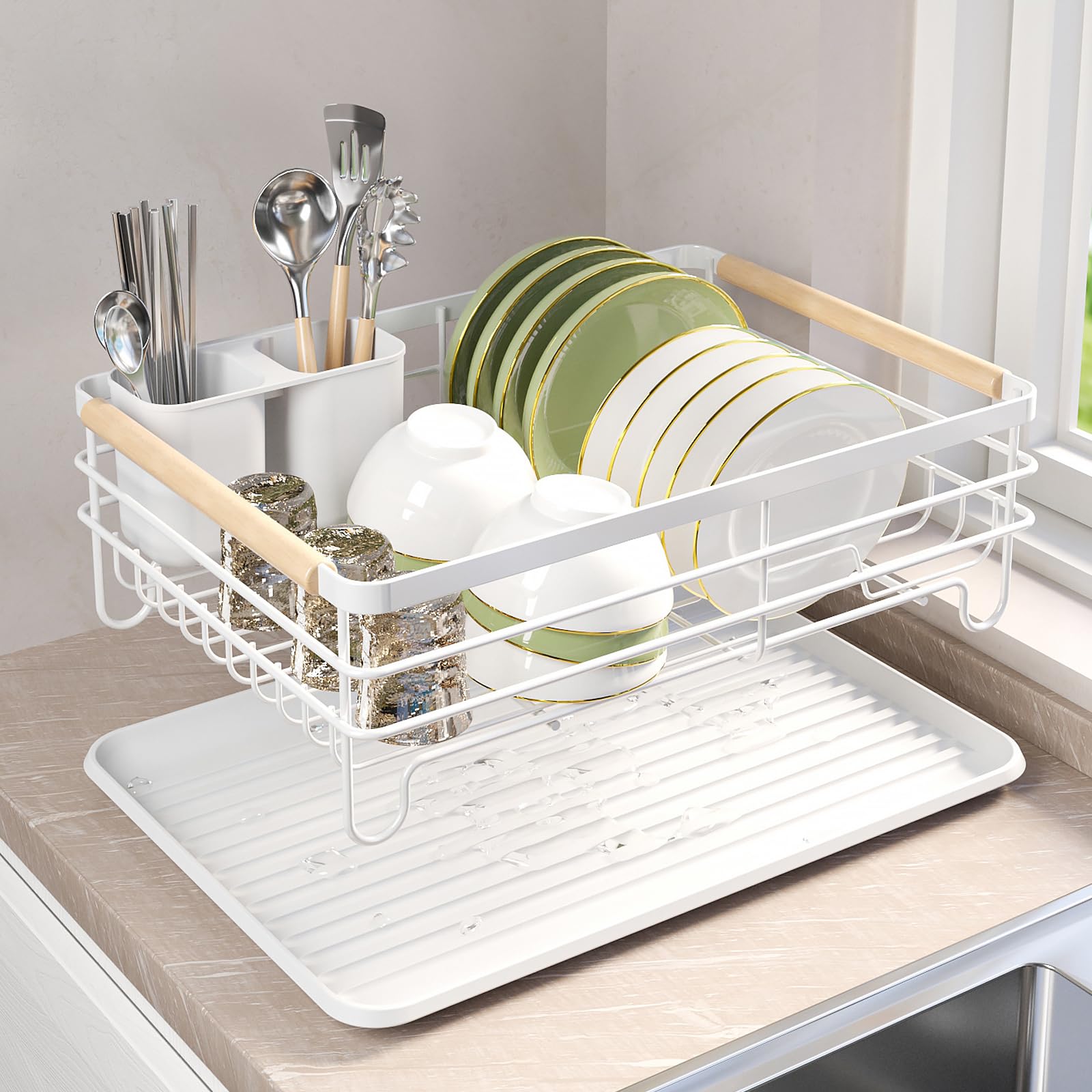 Geschirrtrockner, Abtropfgestell for die Küche mit Abtropfschale, Besteckhalter, Holzgriffen, Mehrfarbig(White)