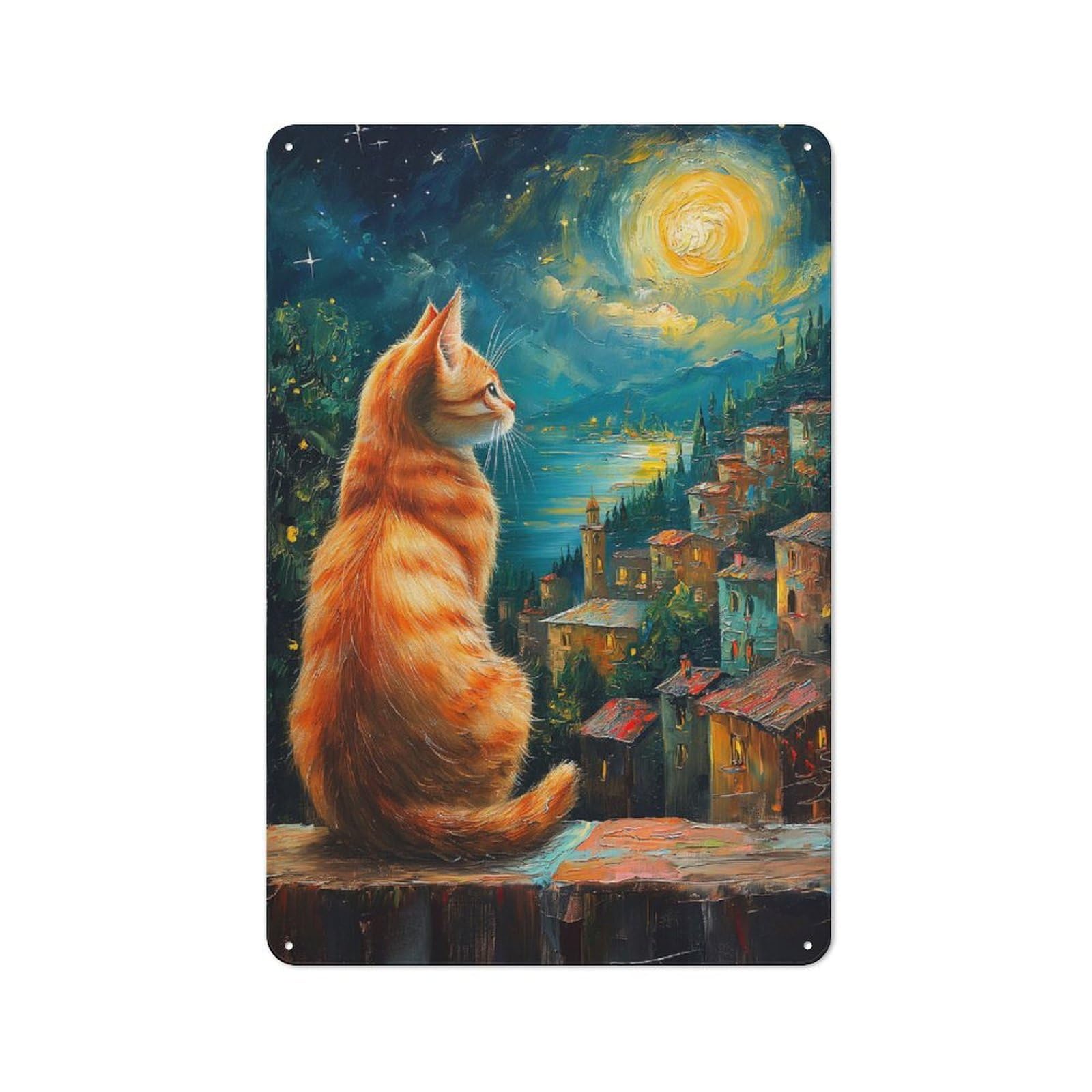 Cat Gazing at A Moonlit Village Classic Metal Wall Decor 30x20cm, Office Metal Sign for Workspace, Cafe, Shop Or Desk Area