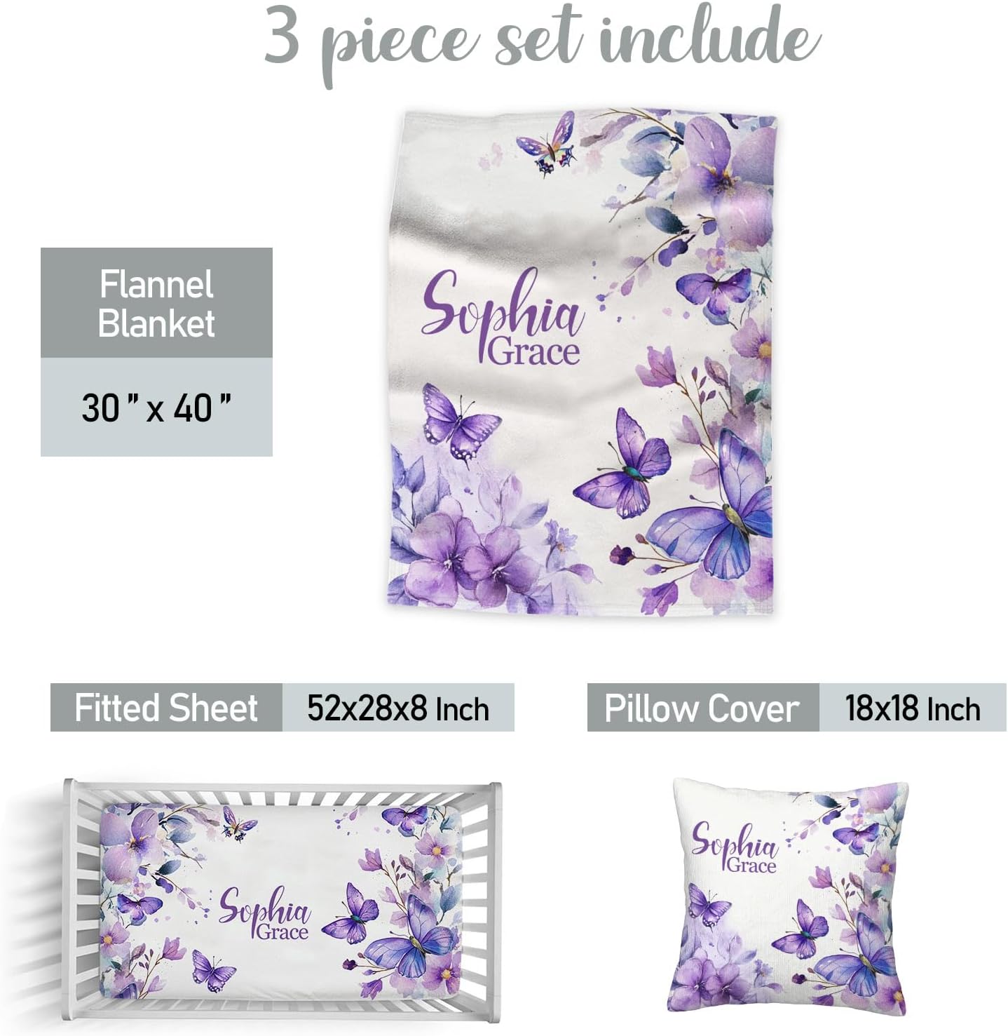 Custom Baby Crib Bedding Sets, 3 Piece Butterfly Purple Personalized Name Baby Bedding Set, Soft Blanket, Fitted Sheet, Pillowcase for Infant Newborn Nursery Bedding Gift for Girls