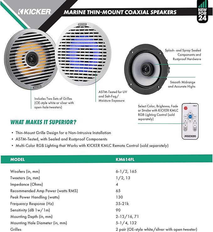 Kit Amplificador Kicker KPX300.4 y Parlantes Marinos LED 6.5" miniatura 6