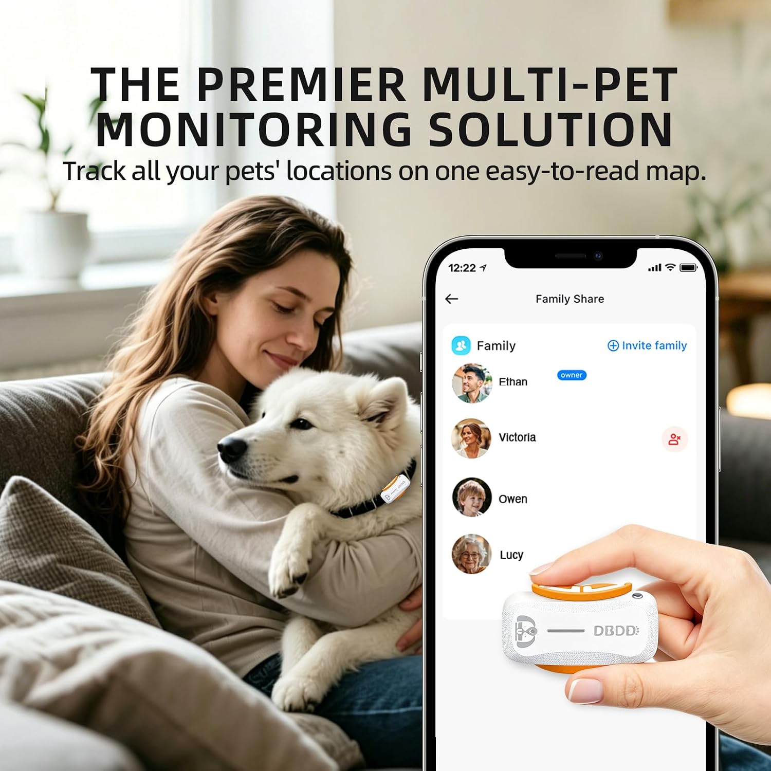 DBDD GPS Dog Trackers, 12-Mo Sub, Real-Time Loc, E-Fence, Health Monitor