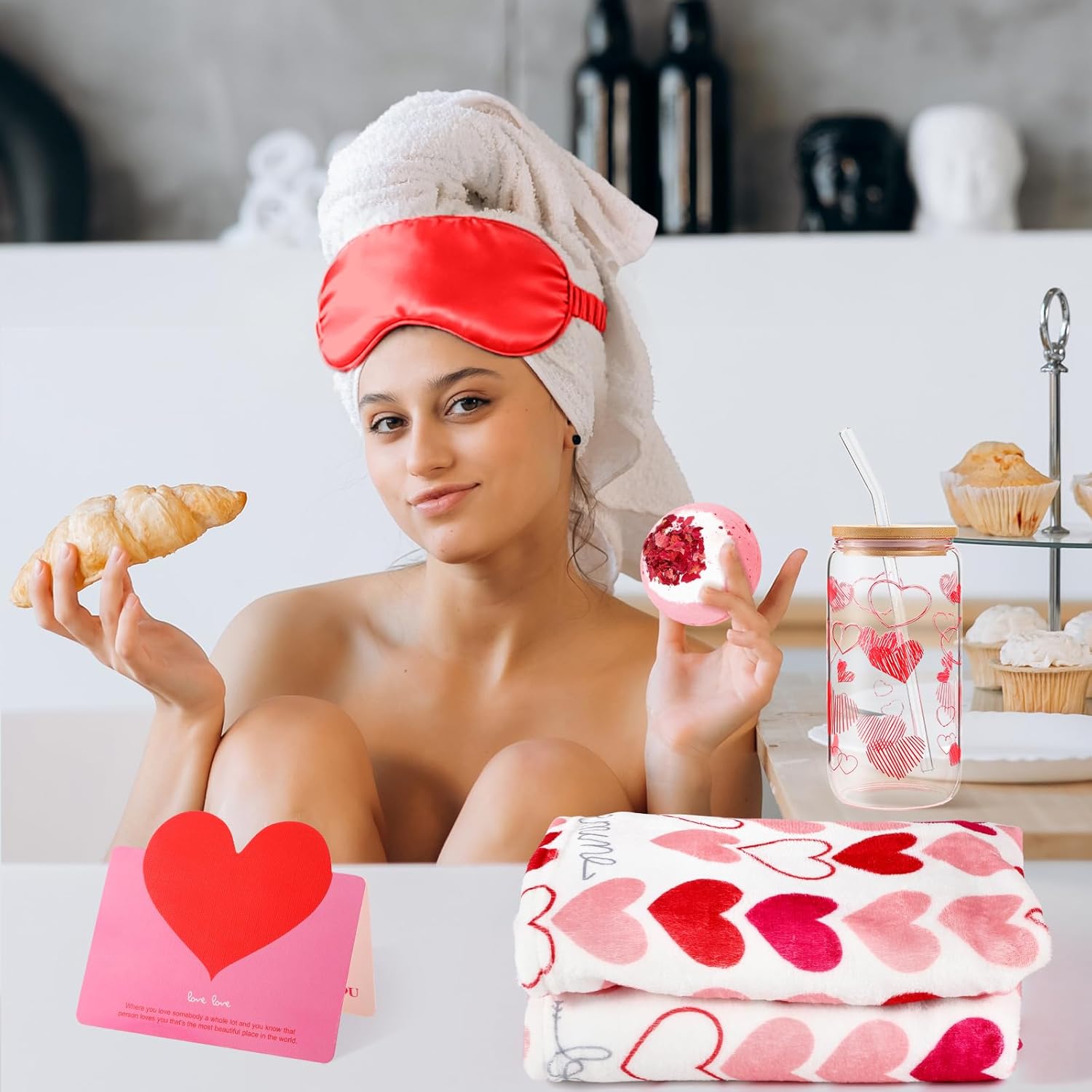 12 Pcs Valentine's Day Woven Basket Gift Set Romantic Spa Relaxation Basket Set for Her Self Care Package with Heart Blanket Socks Bath Salt Ball Glass Cup Bear for Women Girlfriend Wife Mom (Red)