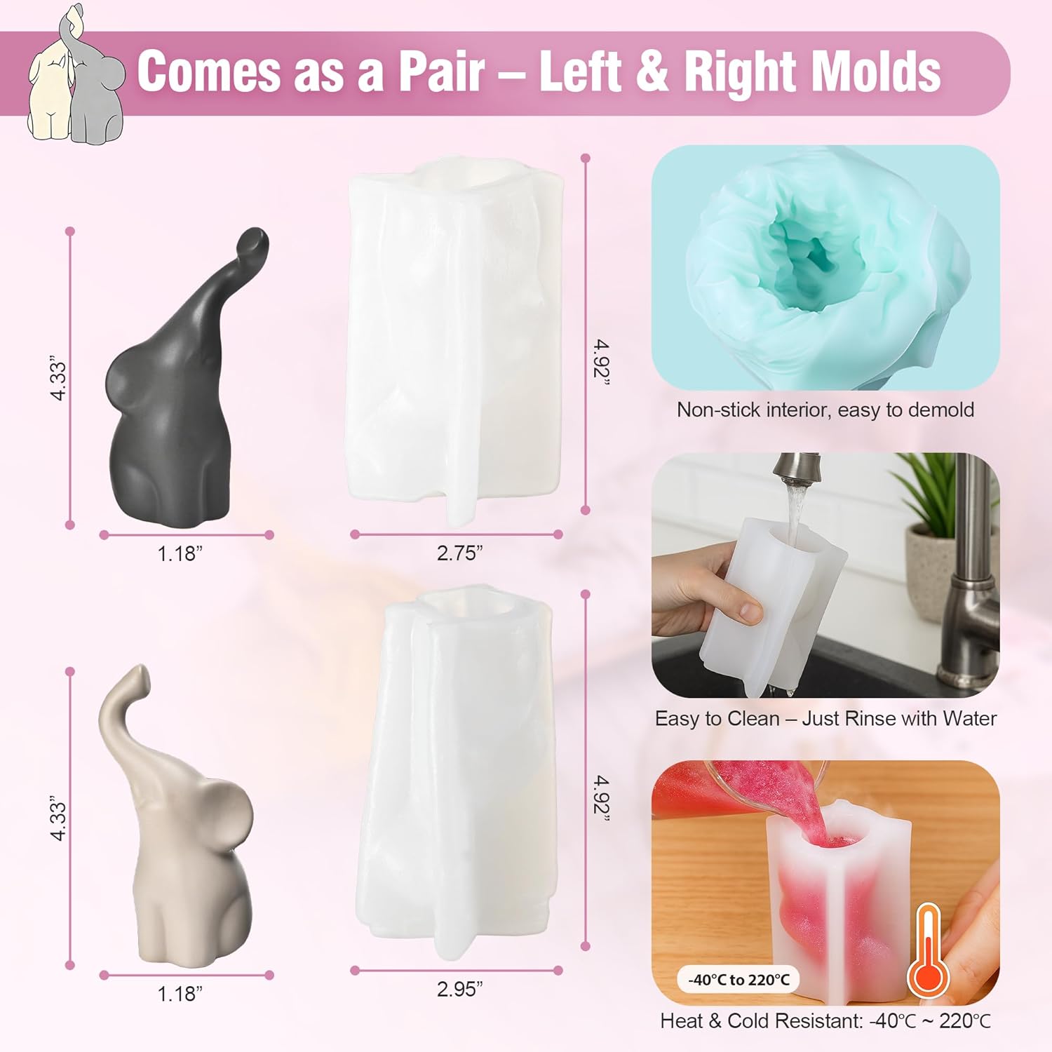 Loving Elephant カップル シリコン型 &ndash; 3D動物樹脂型 キャンドル作り、石鹸、ホームデコレーション用 | 11cm