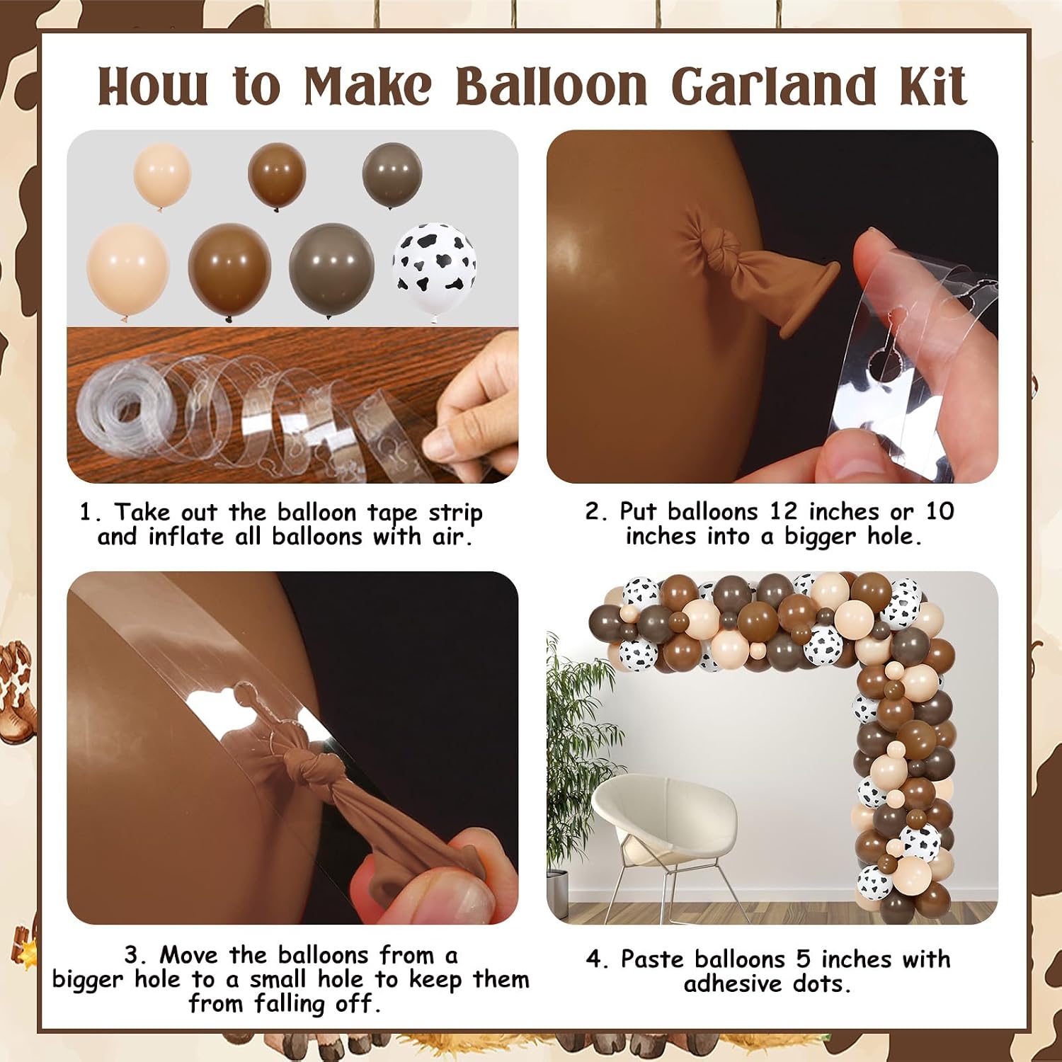 Two Little Cowboys Baby Shower Decorations, Western Theme Balloon Garland Arch Kit with Backdrop, Cow Print and Brown Latex Balloons, Twin Pregnancy Party Supplies