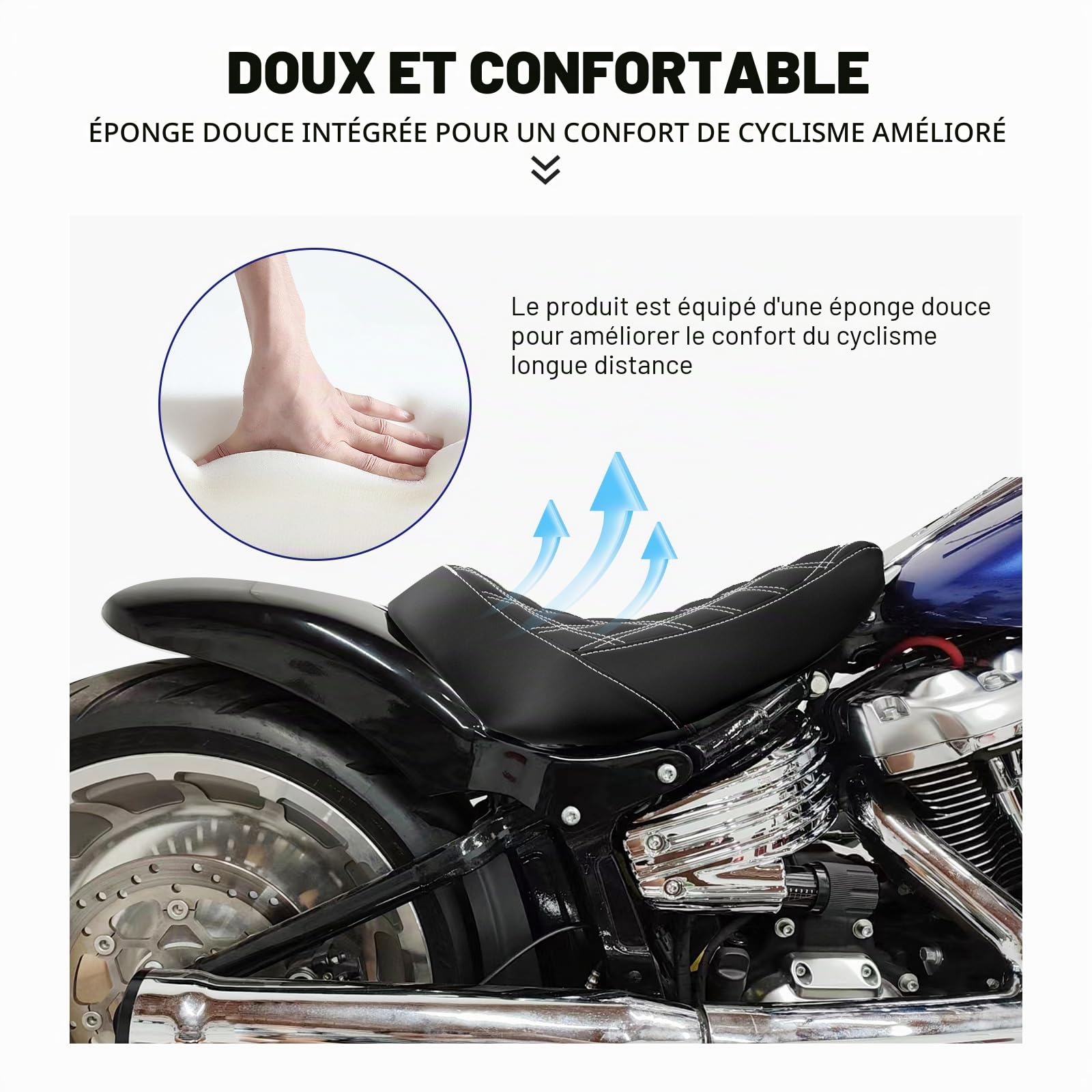 Coussin de siège de Moto Solo en Cuir Diamant Compatible avec Harley Breakout Fatboy 2018-2023 (Filetage Blanc)