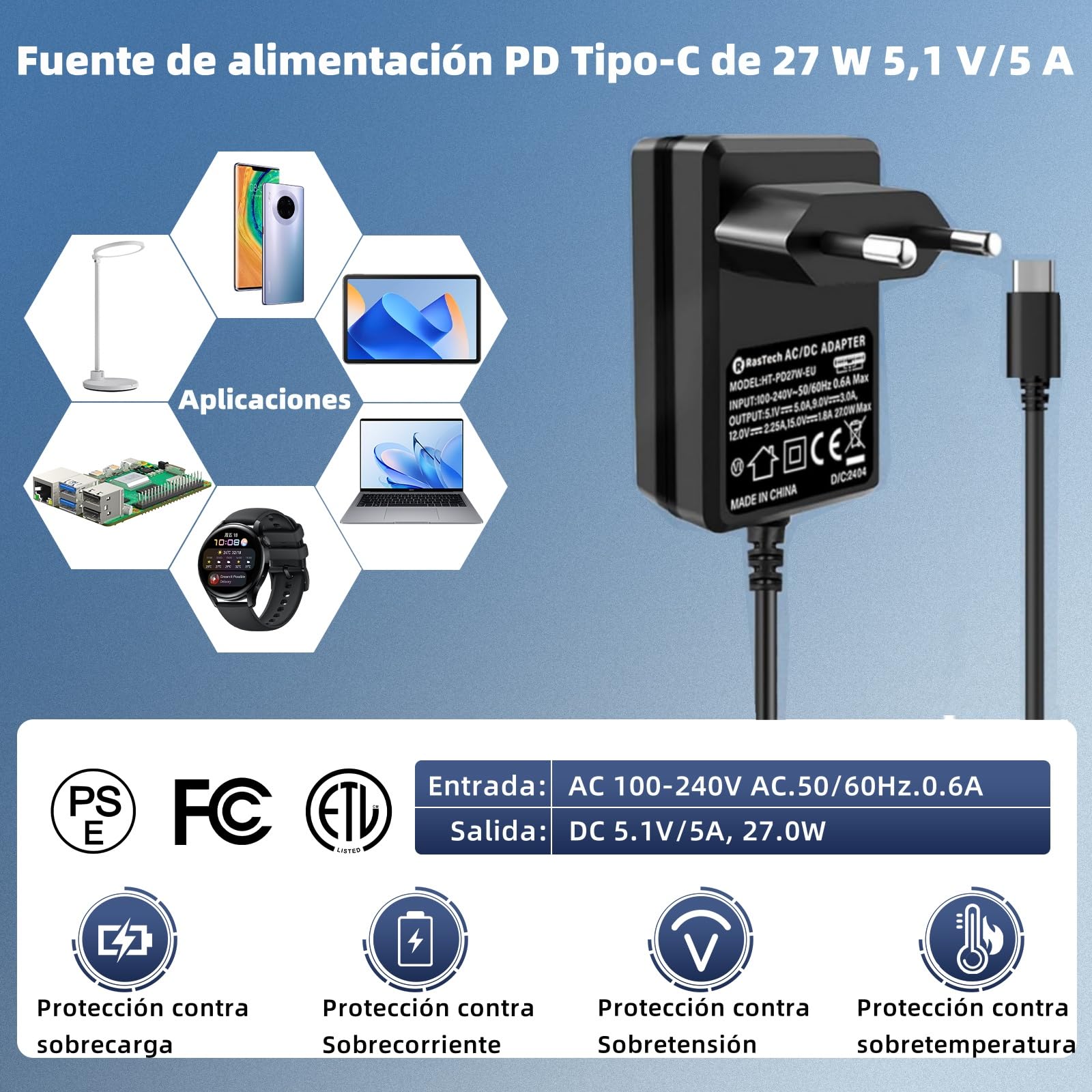 RasTech Raspberry Pi 5 8GB Kit 64GB con Active Cooler, Fuente 27W USB-C, Carcasa Pi 5