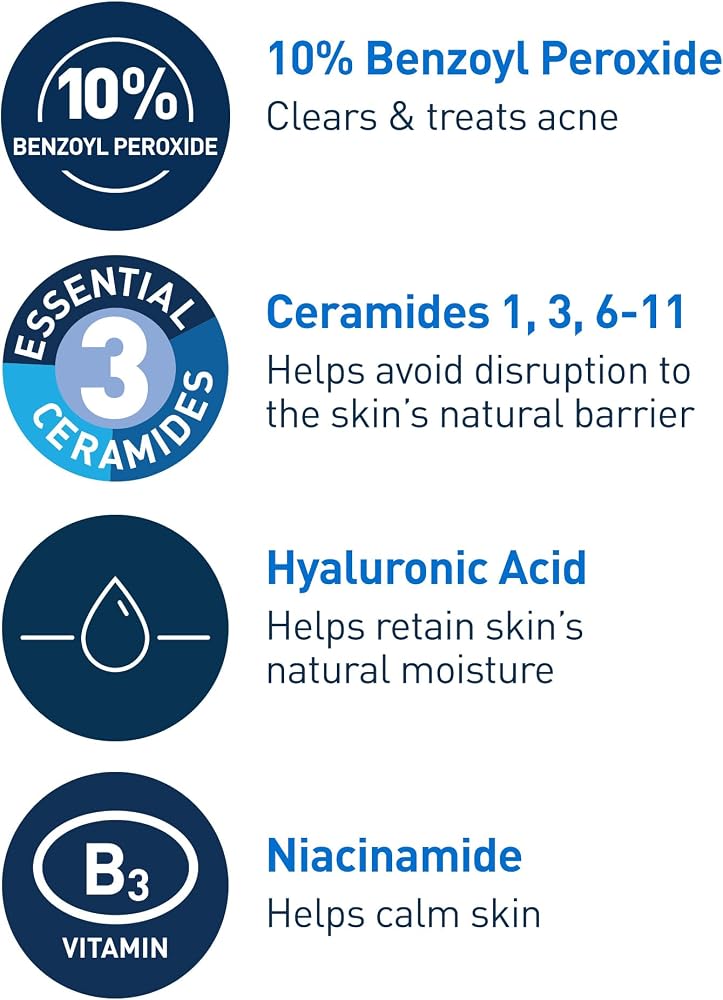 CeraVe Acne Foaming Cream Wash, Gentle Face and Body Cleanser with Benzoyl Peroxide 10%, Hyaluronic Acid, and Niacinamide, 10% Benzoyl Peroxide Treatment Clears Pimples and Blackheads 5 Oz