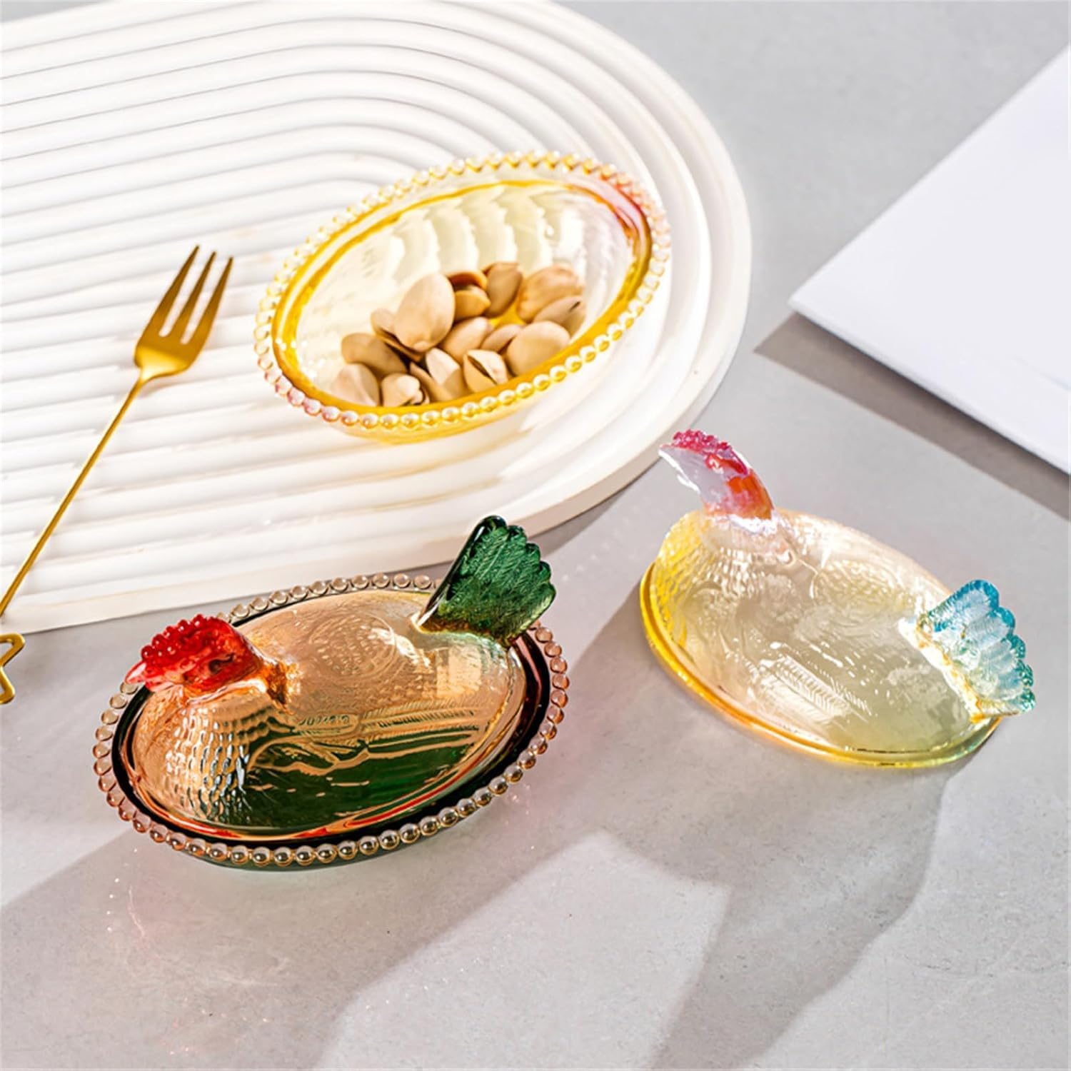 Hen on Nest Glass Dish,Vintage Crystal Glasses Candy Dish,Large Pedestal Crystal Candy Jar Bowl for Snacks, Dessert,Creative Chicken Fruit Plate & Egg Tray Server,Pastoral Candy Bowl (Color-A, L)
