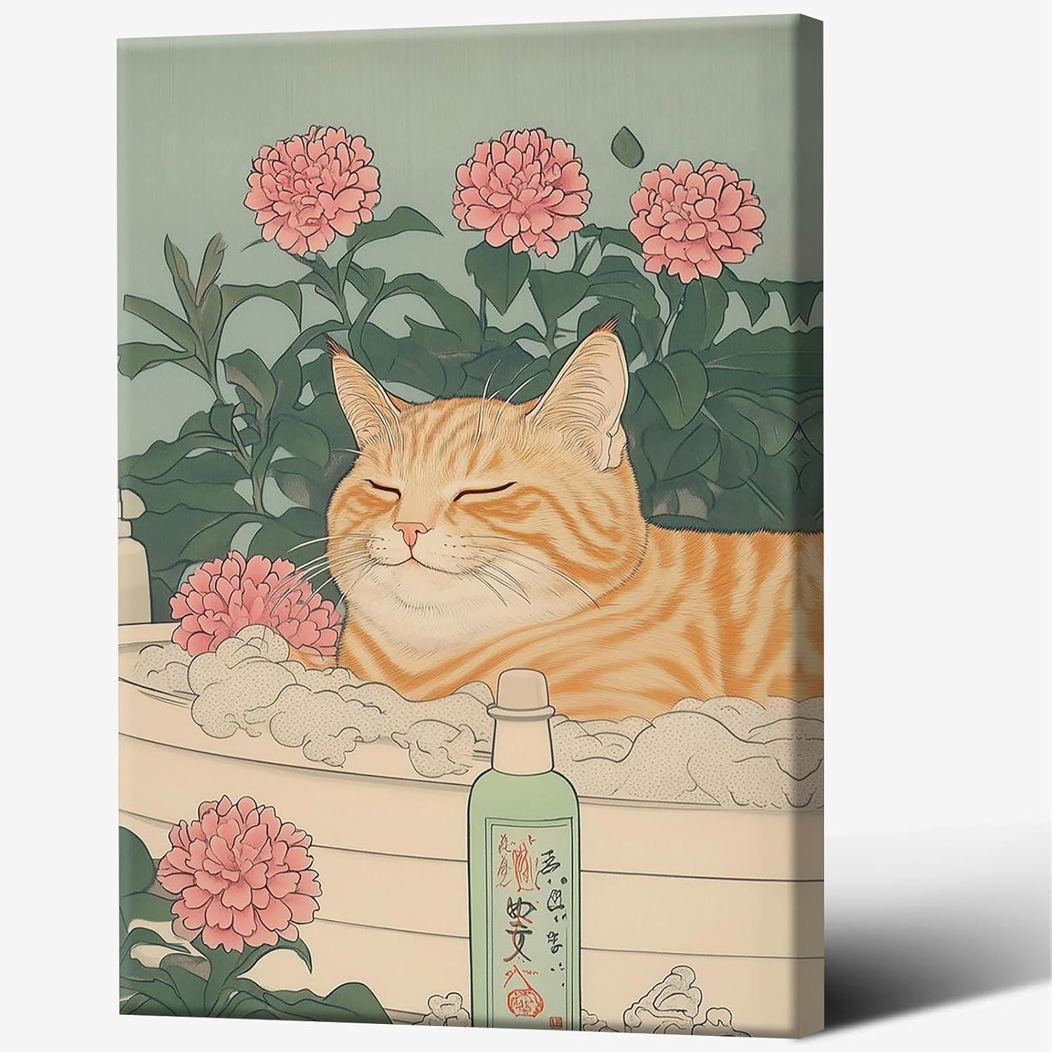 KFDJIG Japanese Ginger Tabby Cat Taking A Bath Posters Animals In The Bathtub Canvas Wall Art Flowers Aesthetic Prints Painting For Bathroom Home Bedroom Dorm Wall Decor 12x16in Framed