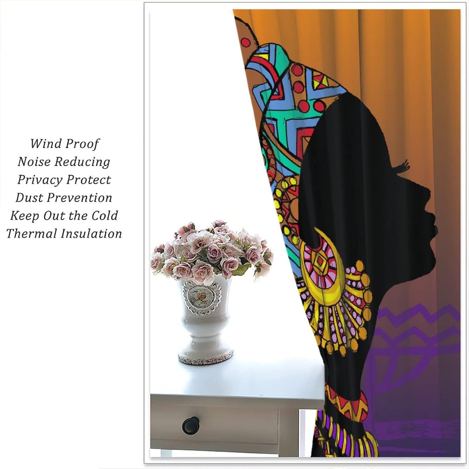 African Woman Curtain Beautiful Side Silhouette Black Woman with Earrings Curtain for Living Room Dining Children's Room Bedroom Blackout Rod Pocket Printed Window Drapes 42x45in