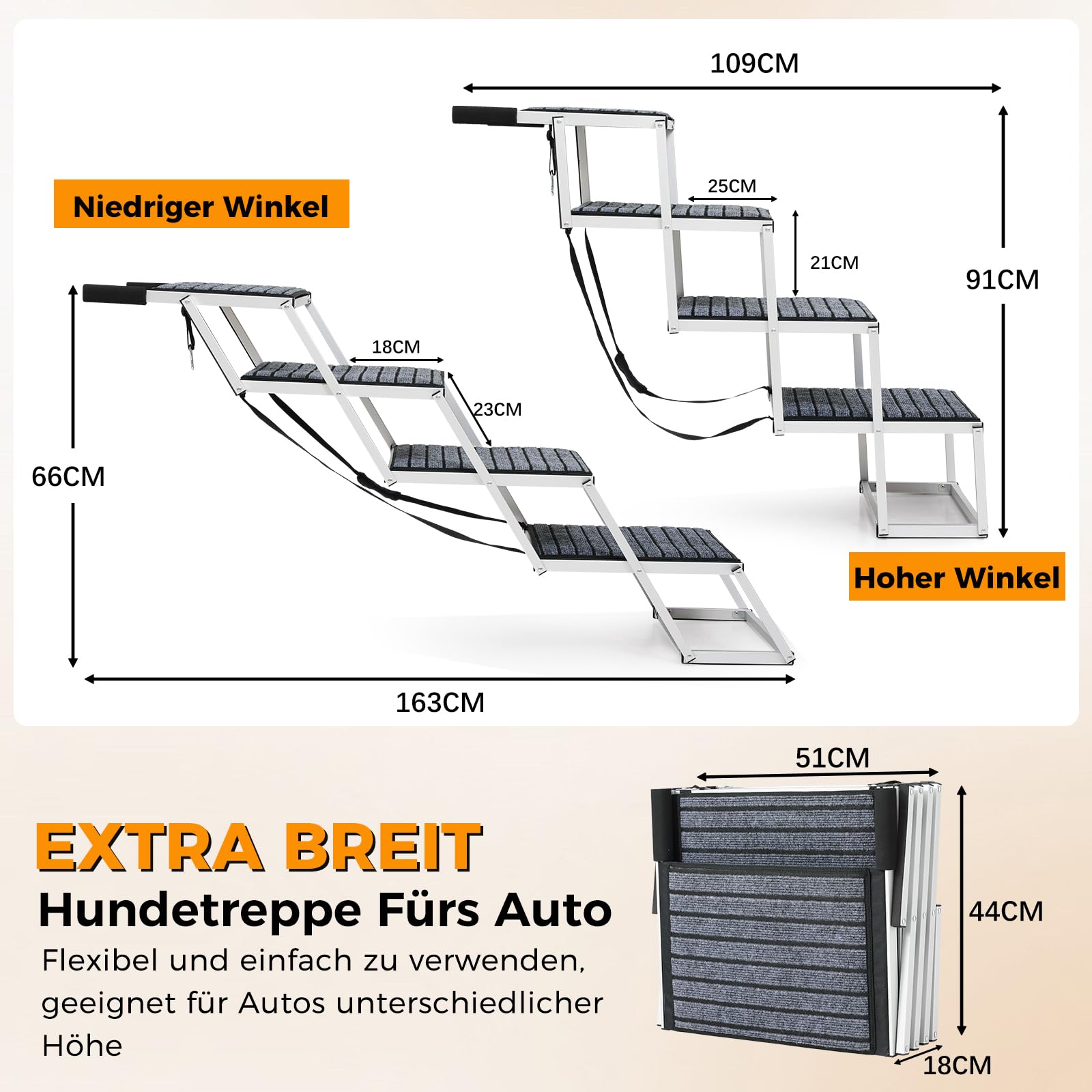 Hundetreppe Auto Für Große Hunde mit Teppich, Extra Breit 4 Stufen Hunderampe Auto Klappbar,Leichte Hunderampe Auto Klappbar, rutschfeste Hundetreppe für Lastwagen und SUV, Unterstützung bis 100 KG
