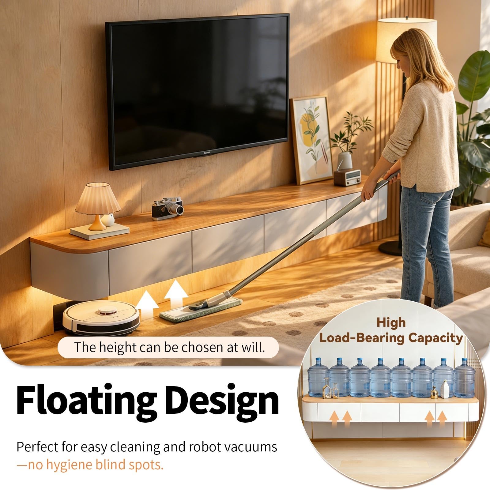 Modern Floating TV Stand with Storage Wall Mounted Media Console Entertainment Center for 47-118 Inch TV Solid Wood TV Cabinet with Drawers & Shelves for Living Room Bedroom(Rock White led,47.2IN)
