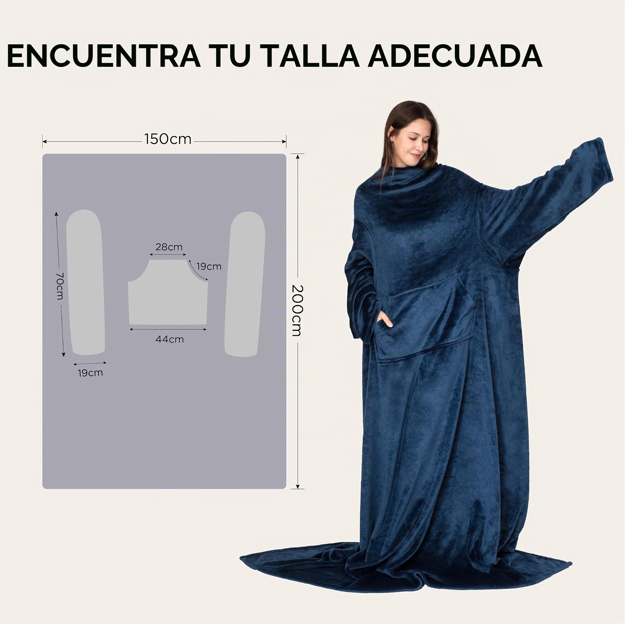 Bedsure Batamanta Mujer Flanelle Invierno - Bata Manta Hombre para Sofa, Manta con Mangas con Bolsillo Frontal, Tejido Felpa Suave y Acogedor, 150x200cm, Azul Marino