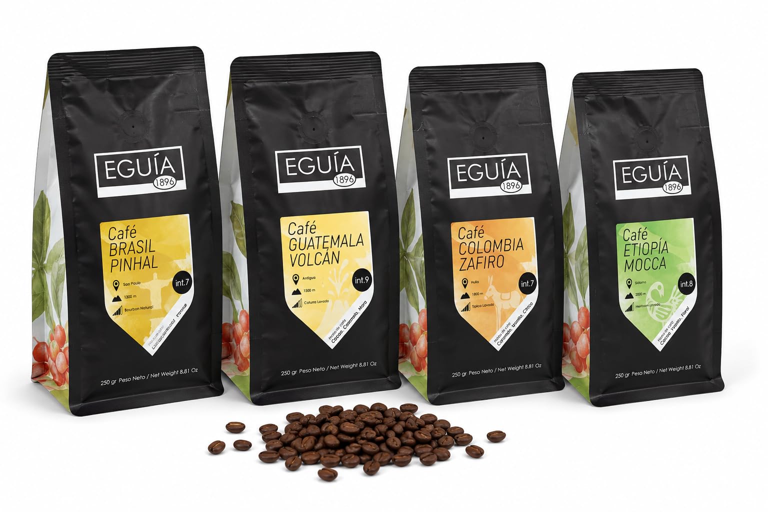 EGUIA Cafe en Grano Natural 100% Arabica - Pack Degustacion Espresso 4x250g - Cafes de Etiopia, Colombia, Guatemala y Brasil - Tueste Medio Gourmet Premium