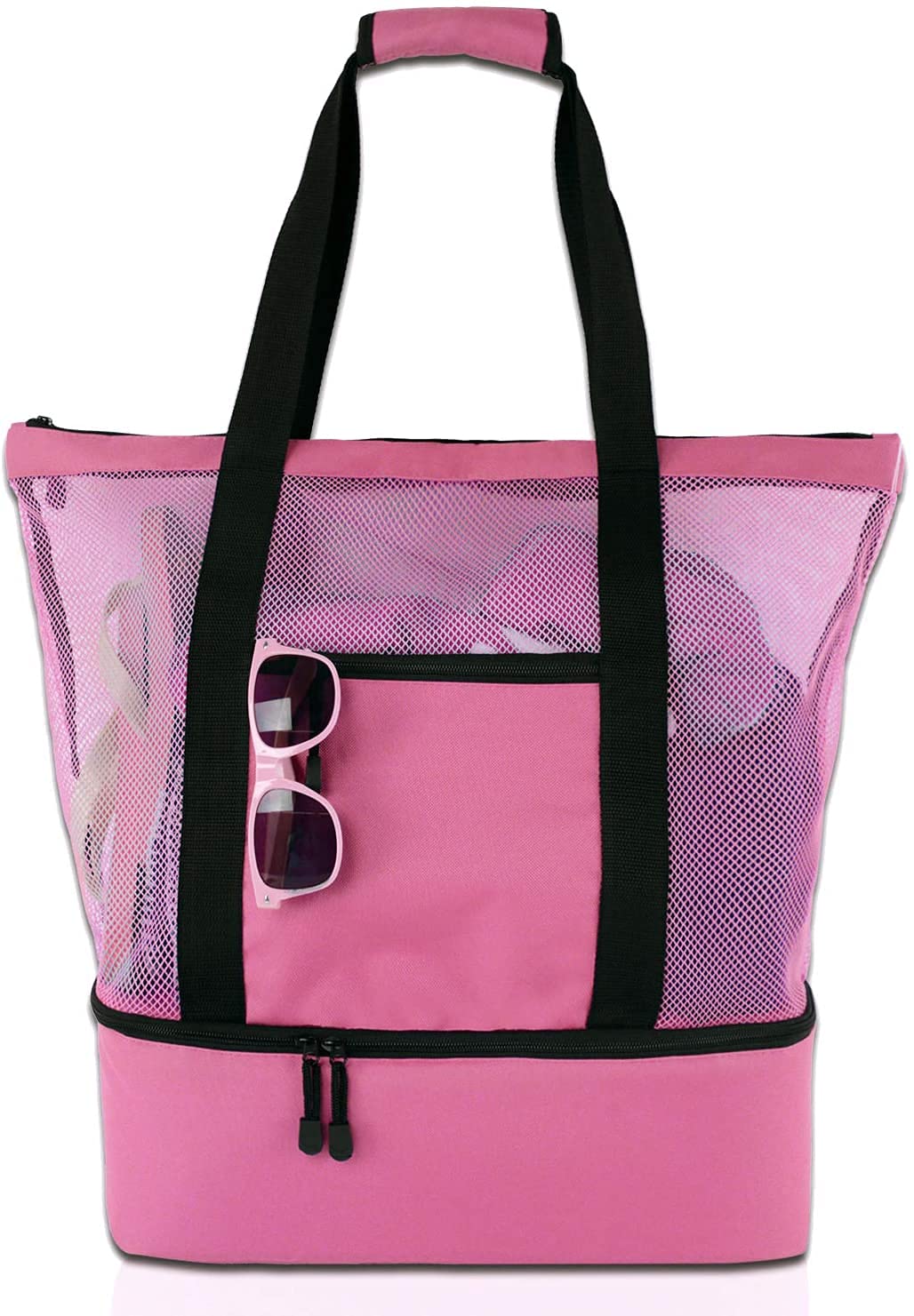 Mesh Beach Tote Bag, Multi-function Picnic Beach Bag With Zipper Top And Insulated Picnic Cooler Bag For Travel Swimming Camping (Red)