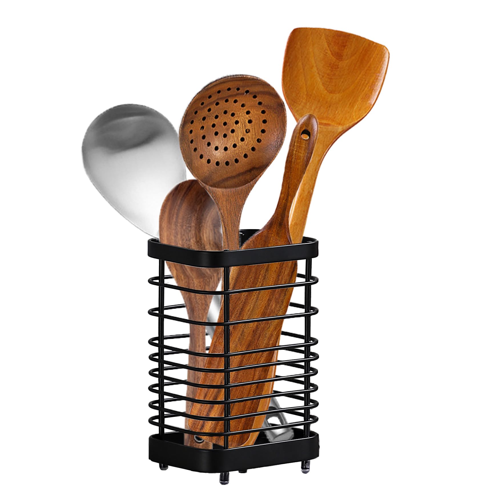 Soporte para utensilios de cocina, organizador de encimera de cocina, escurridor de cubiertos, estante de secado para cubiertos y utensilios de cocina de acero inoxidable (negro, L) 9