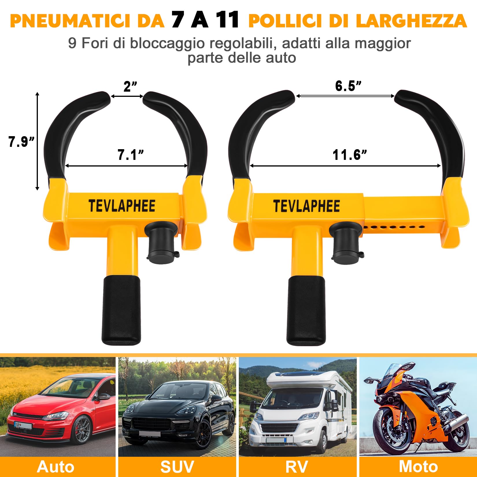 Tevlaphee Antifurto Blocca Routa Alta Sicurezza, Universale, Regolabile, Serratura Anti-Perforazione, Ganascia Blocca Ruota,bloccaruota auto con Blocco di Nucleo in Rame con 3 Chiavi (Nero & Giallo)