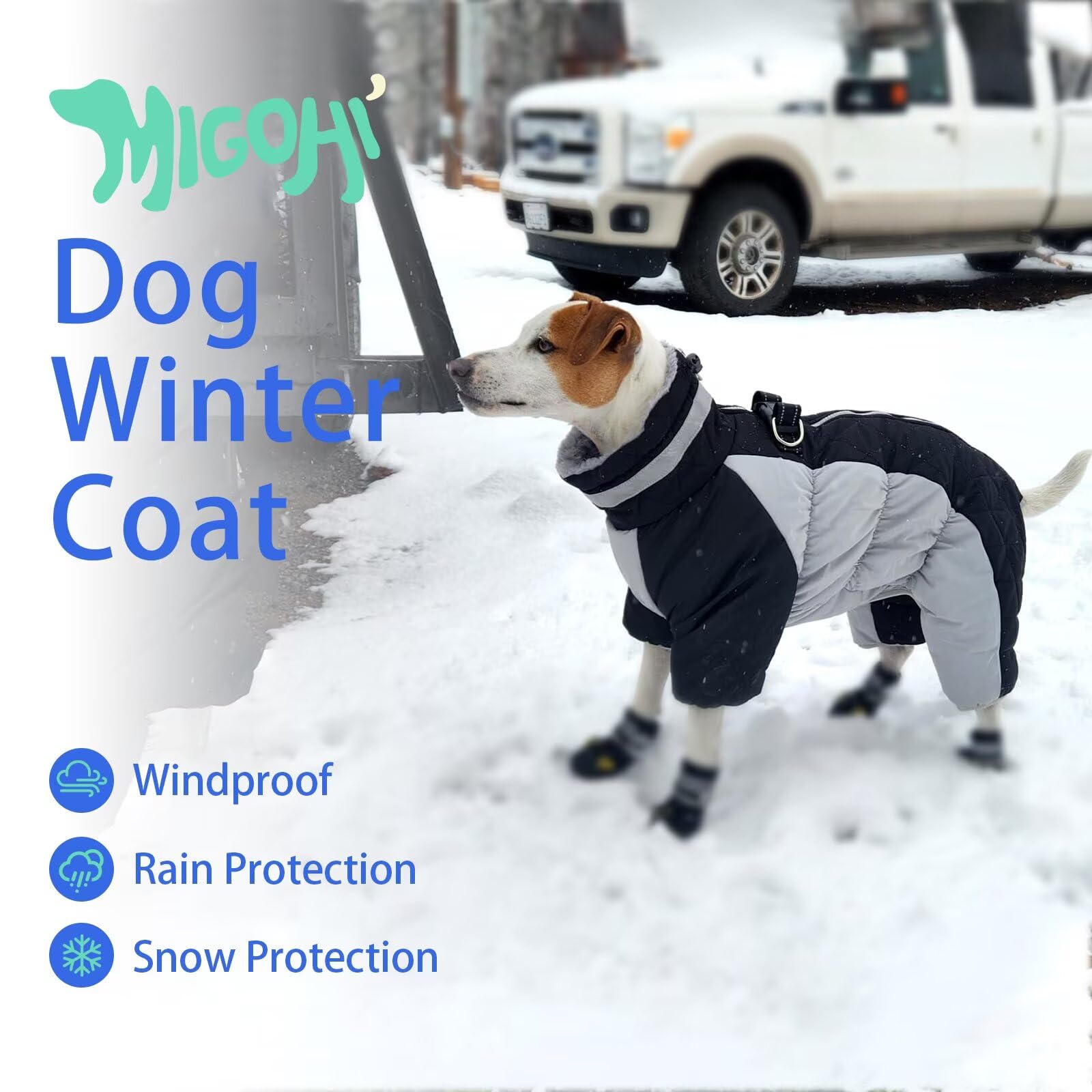 MIGOHI Abrigo de cuerpo completo para perro, abrigo de invierno cálido reflectante con arnés, chaqueta de forro polar de cuello alto para perros pequeños, medianos y grandes, traje de nieve