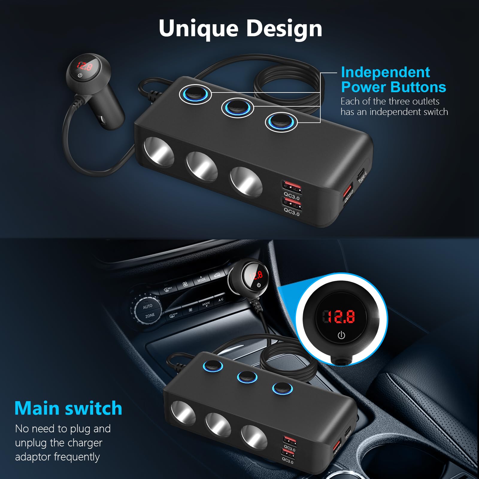 OOWOLF Rozdzielacz zapalniczki samochodowej adapter ładowarki – QC 3.0 Auto potrójny 180 W 12 V/24 V rozdzielacz samochodowy gniazdo z woltomierzem (Czarny - z przełącznikiem zasilania)