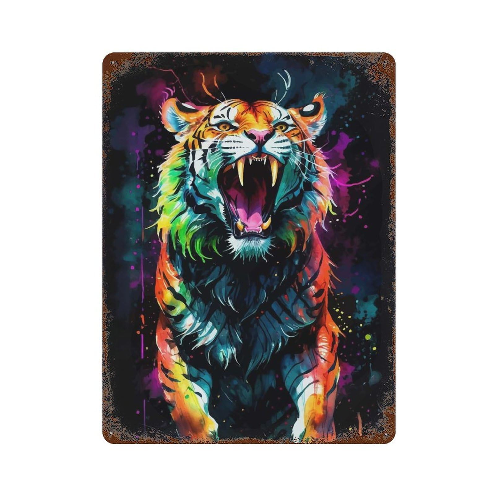 Neon Watercolor Tiger Rusty Metal Tin Sign 15.7"x11.8", for Basement, Hobby Room And Garage Decor, Retro Wall Decor