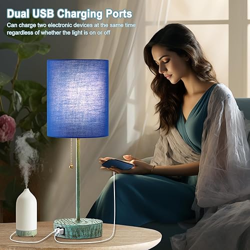 Miniatura 2 de Youthost Juego de 2 lámparas de mesa pequeñas con puertos USB, lámparas de mesita de noche azules con interruptor de cadena, lámparas de escritorio