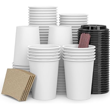 Disposable Paper Coffee Cups With Lids, Sleeves, Straws