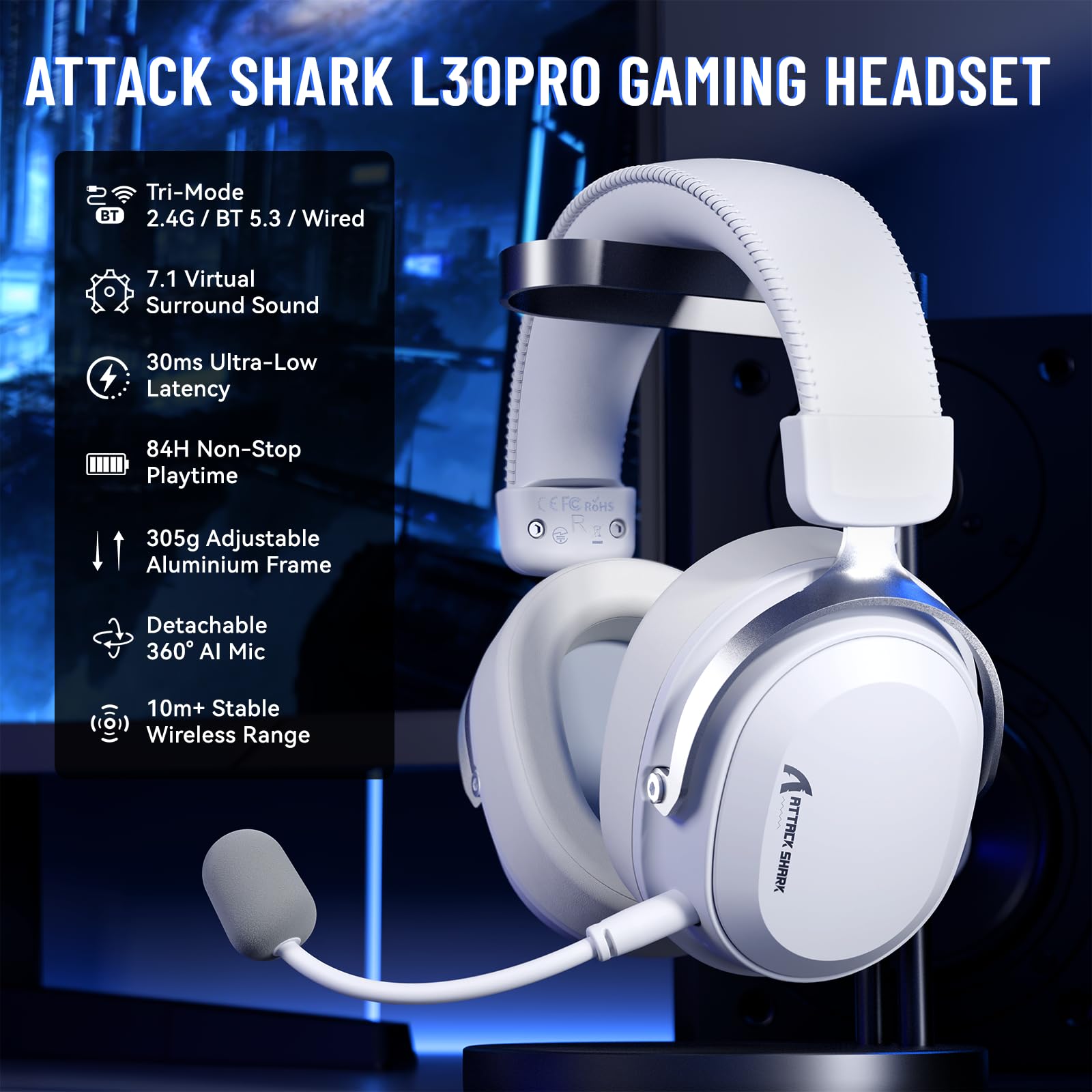 ATTACK SHARK L30PRO Wireless Gaming Headset, 7.1 Surround Sound 50mm Bio-Treiber, 3-Modus 2.4G/BT 5.3/Kabelgebundene Kopfhörer mit Abnehmbarem Mikrofon für PC/PS/Switch, 84H Spielzeit-Weiß