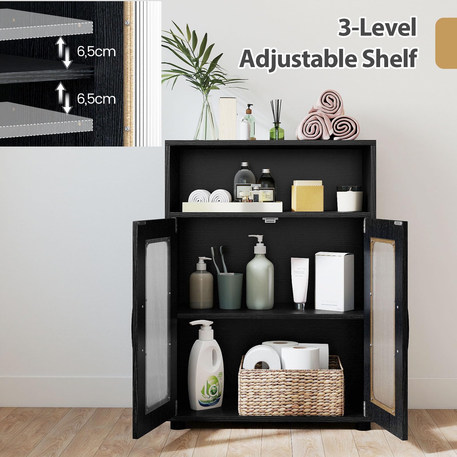 LIFEZEAL Armario de Baño Independiente con Estante Ajustable, Armario de Cocina con Compartimento Abierto, Mueble Ahorrador de Espacio para Salón Cocina y Baño, 60 x 30 x 83 cm (Negro)